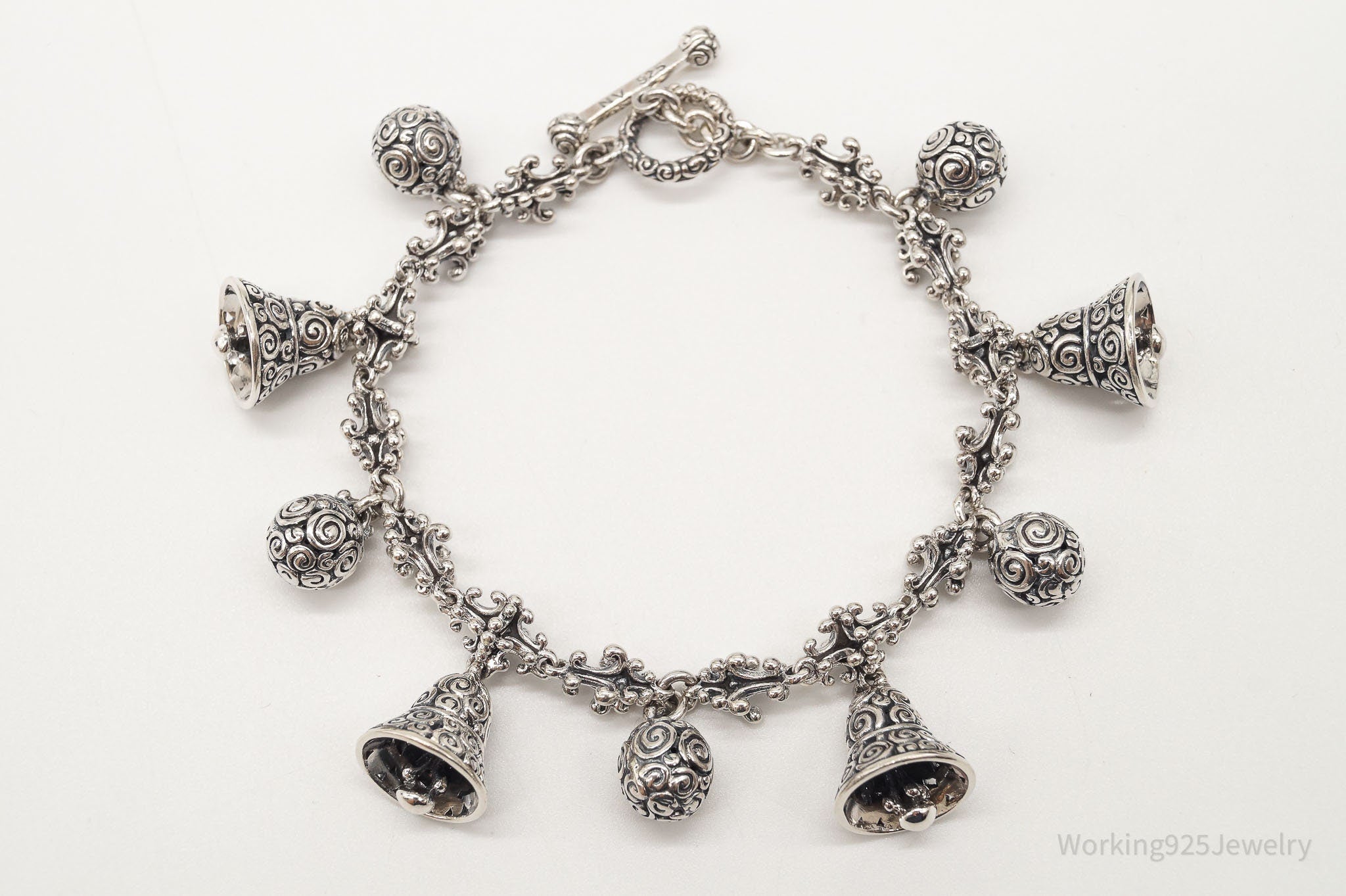 Vintage Designer "Borobudur Bell" Sterling Silver Bell Charms Bracelet