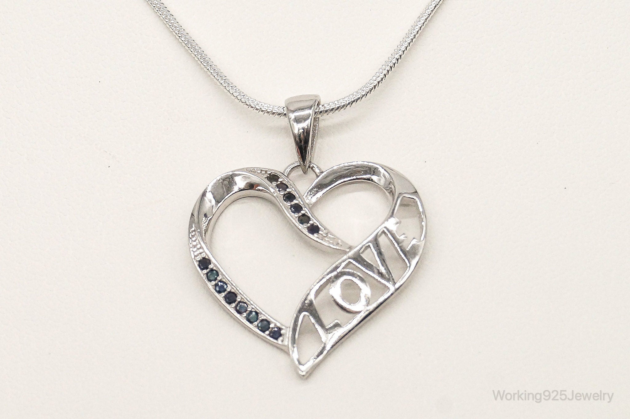 Sapphire Heart "LOVE" Sterling Silver Necklace