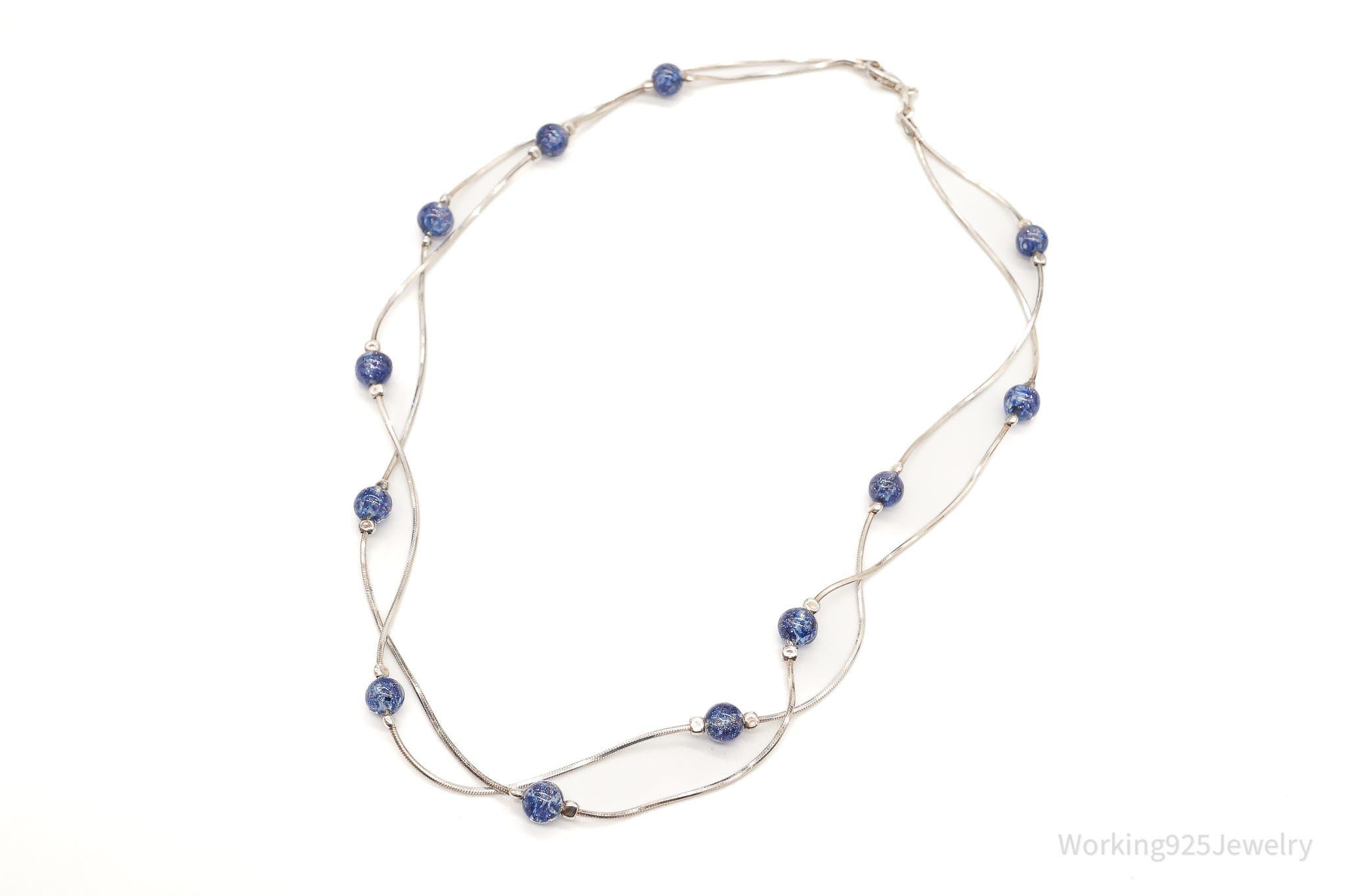 Vintage Italian Blue Glass Beads Modernist Sterling Silver Necklace