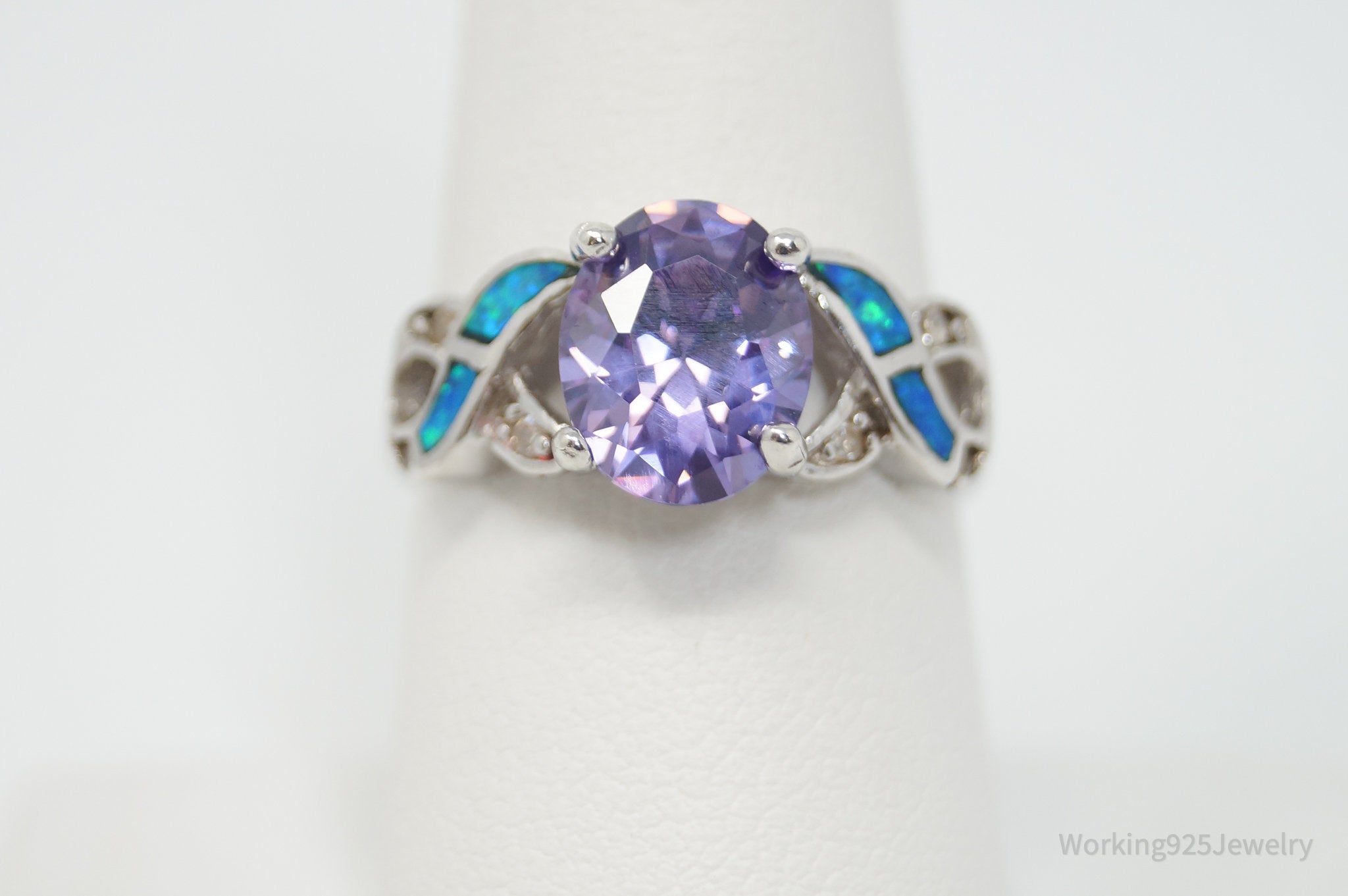 Vintage Designer Amethyst CZ Opal Sterling Silver Ring - Sz 8