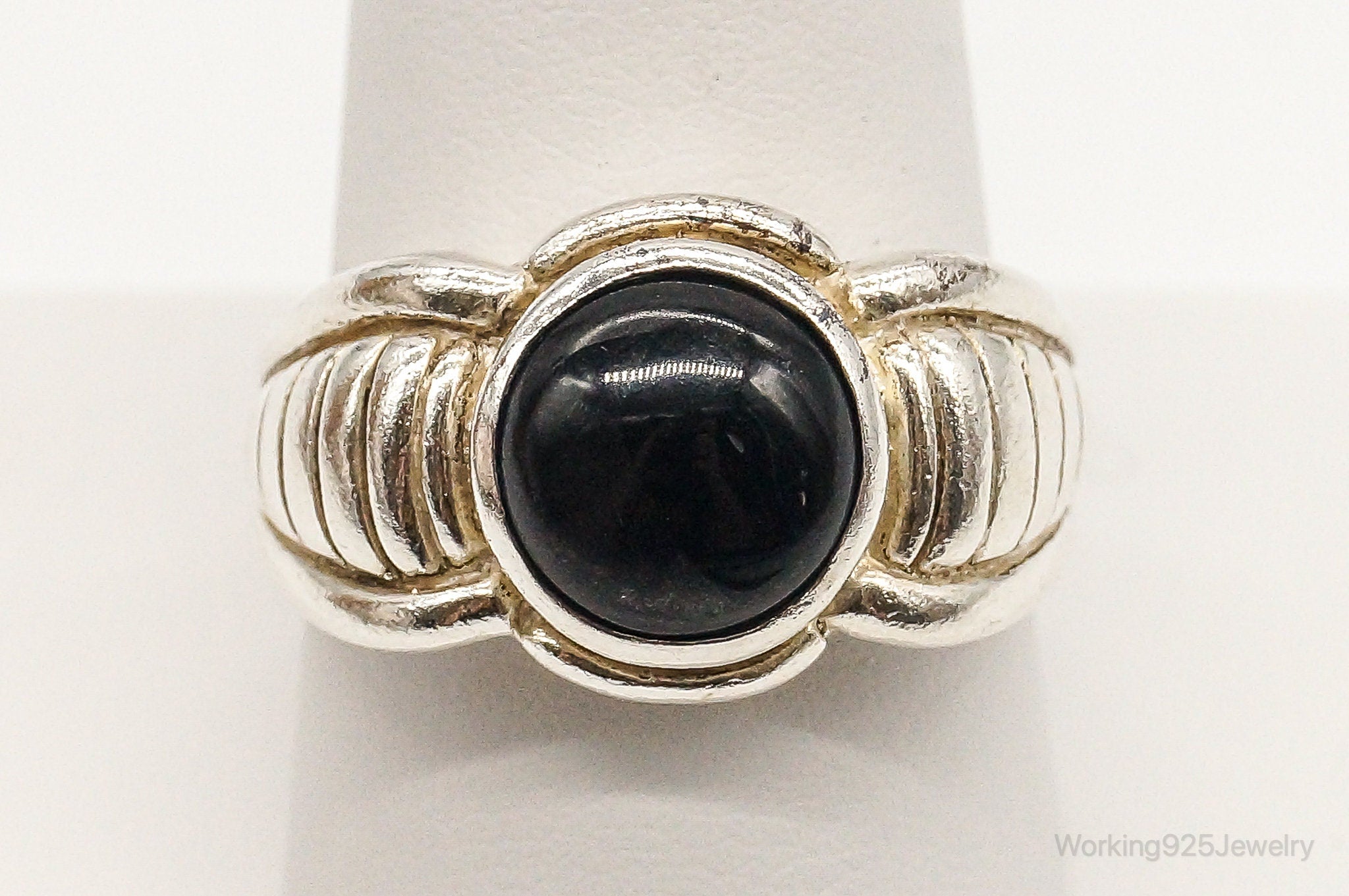 Vintage Black Onyx Art Deco Sterling Silver Ring - Size 10