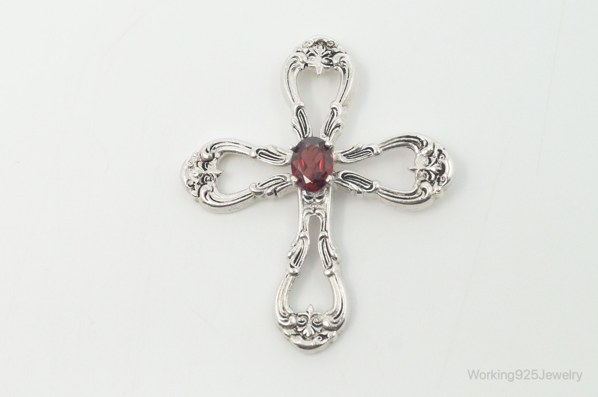 Vintage Designer Gorham Garnet Ornate Sterling Silver Cross Necklace Pendant