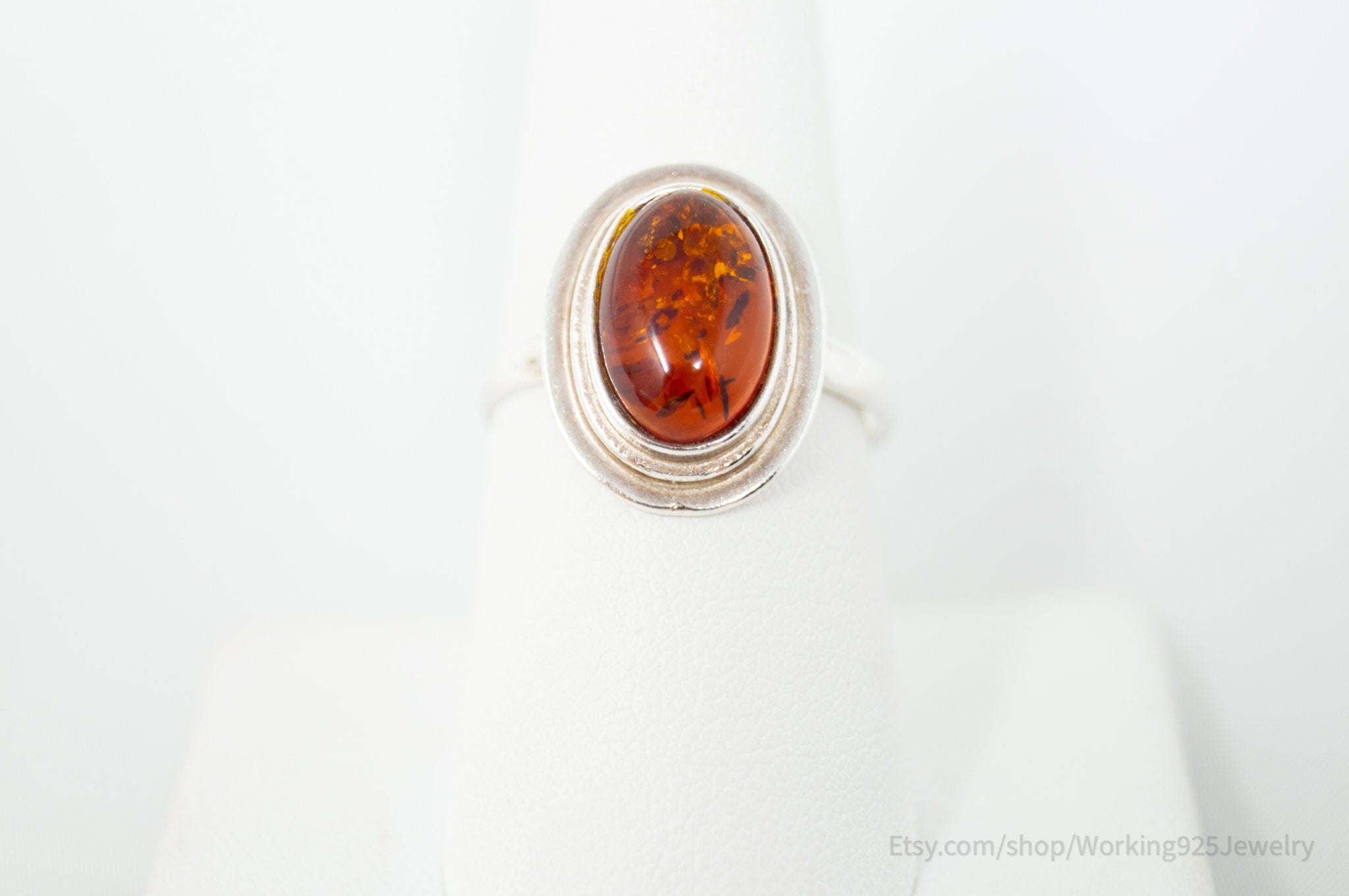 Vintage Amber Sterling Silver Statement Ring - Size 8.25