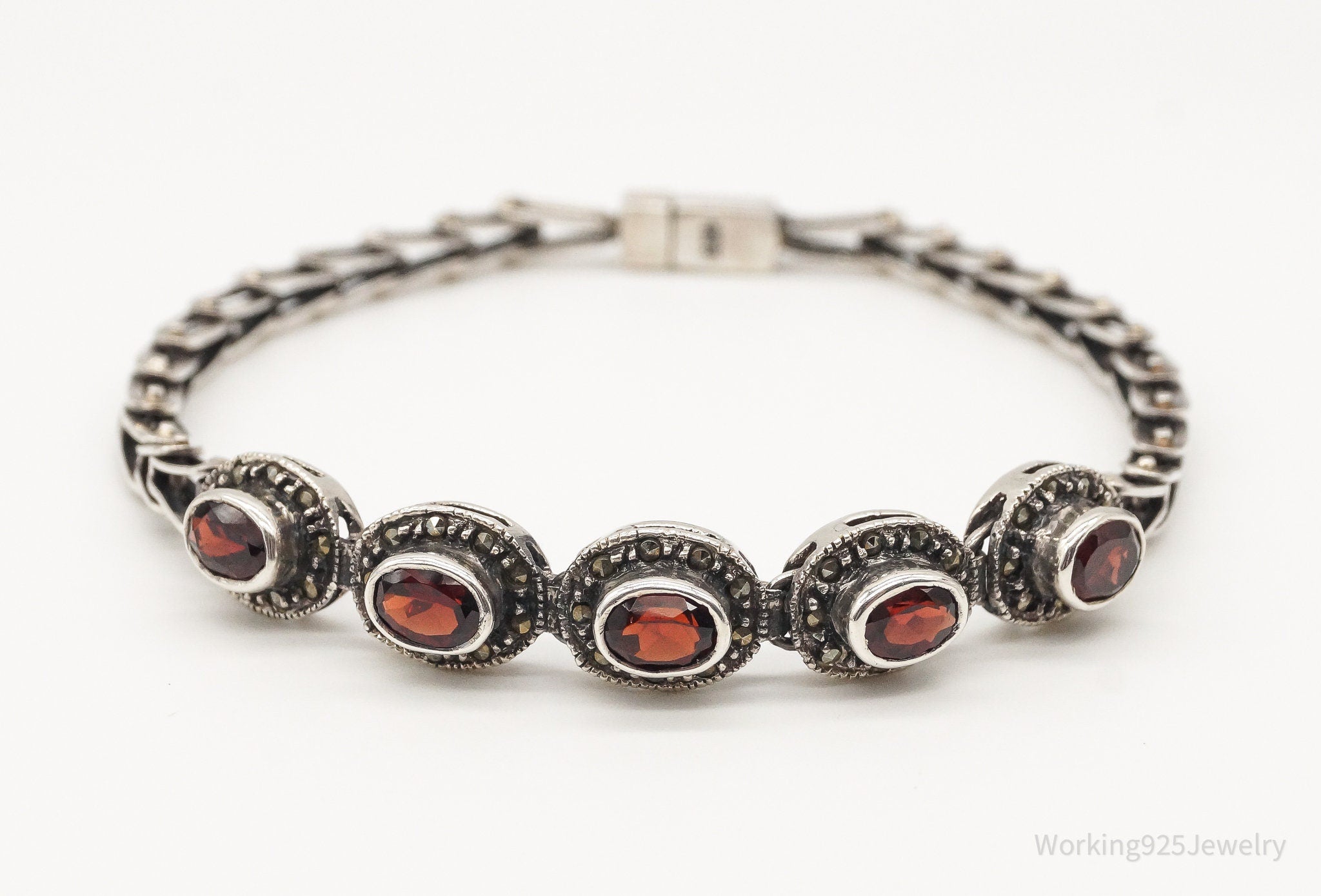 Vintage Art Deco Garnet Marcasite Sterling Silver Bracelet