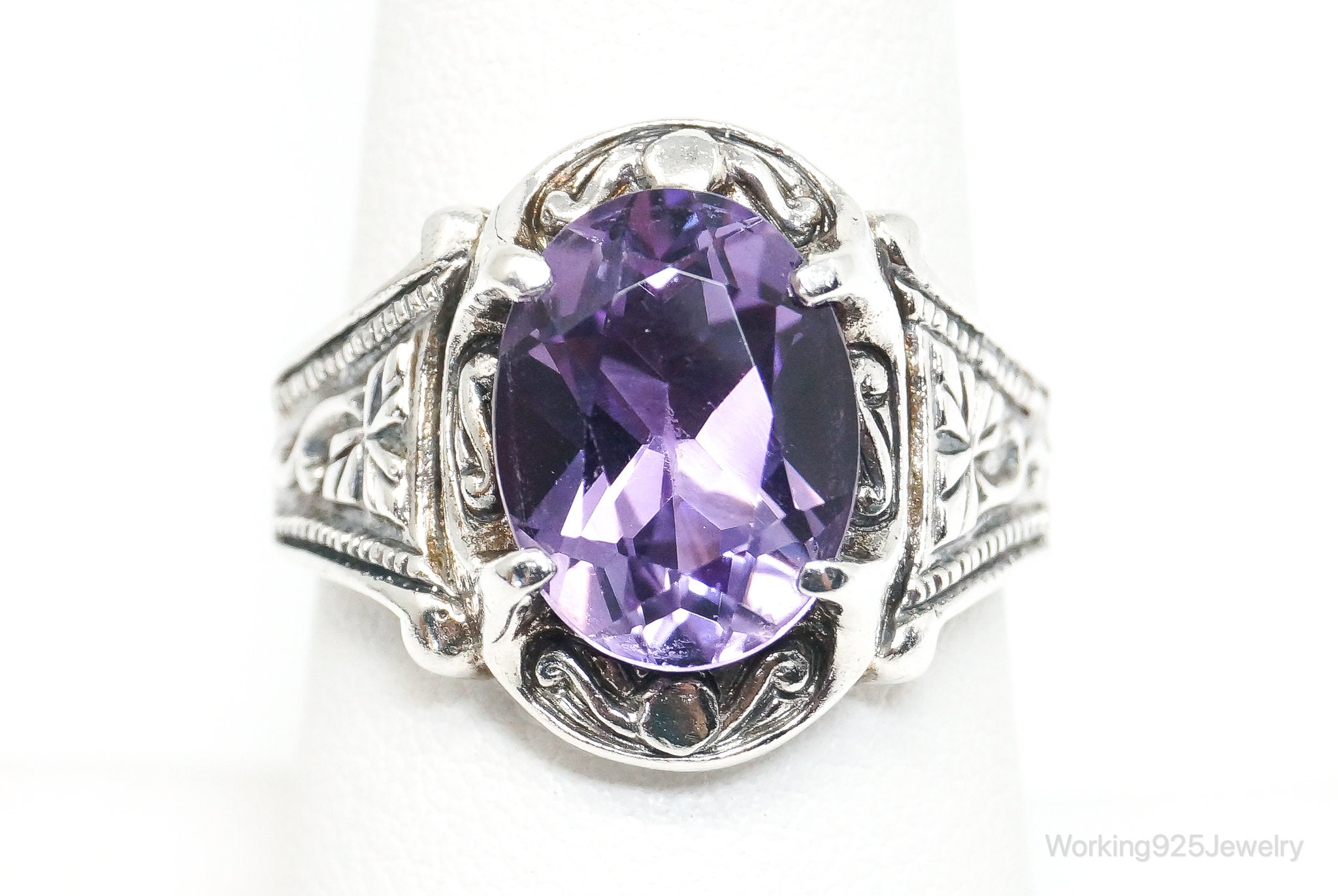 Vintage Designer PD Art Deco Amethyst Sterling Silver Ring - Size 8