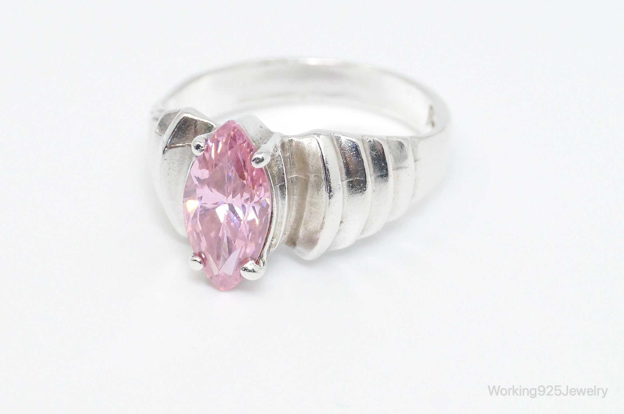 Vintage Art Deco Style Pink Cubic Zirconia Ring Sterling Silver - Size 8.25