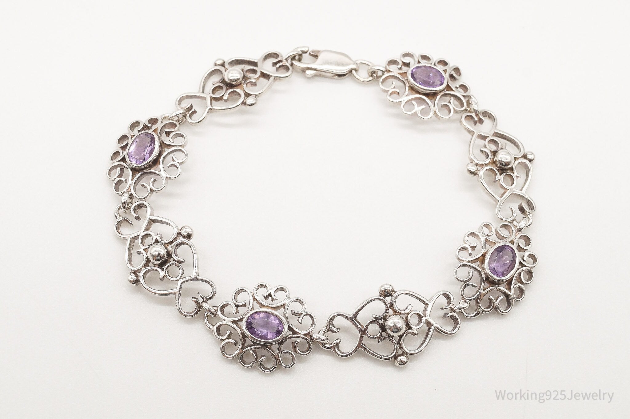 Vintage Amethyst Filigree Sterling Silver Bracelet