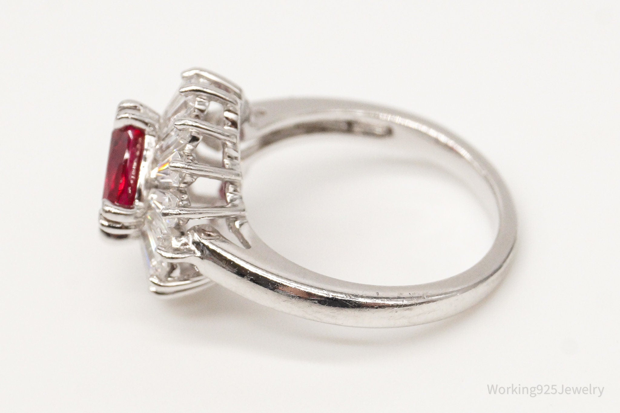 Vintage Lab Ruby Cubic Zirconia Platinum Clad Sterling Silver Ring - Size 5