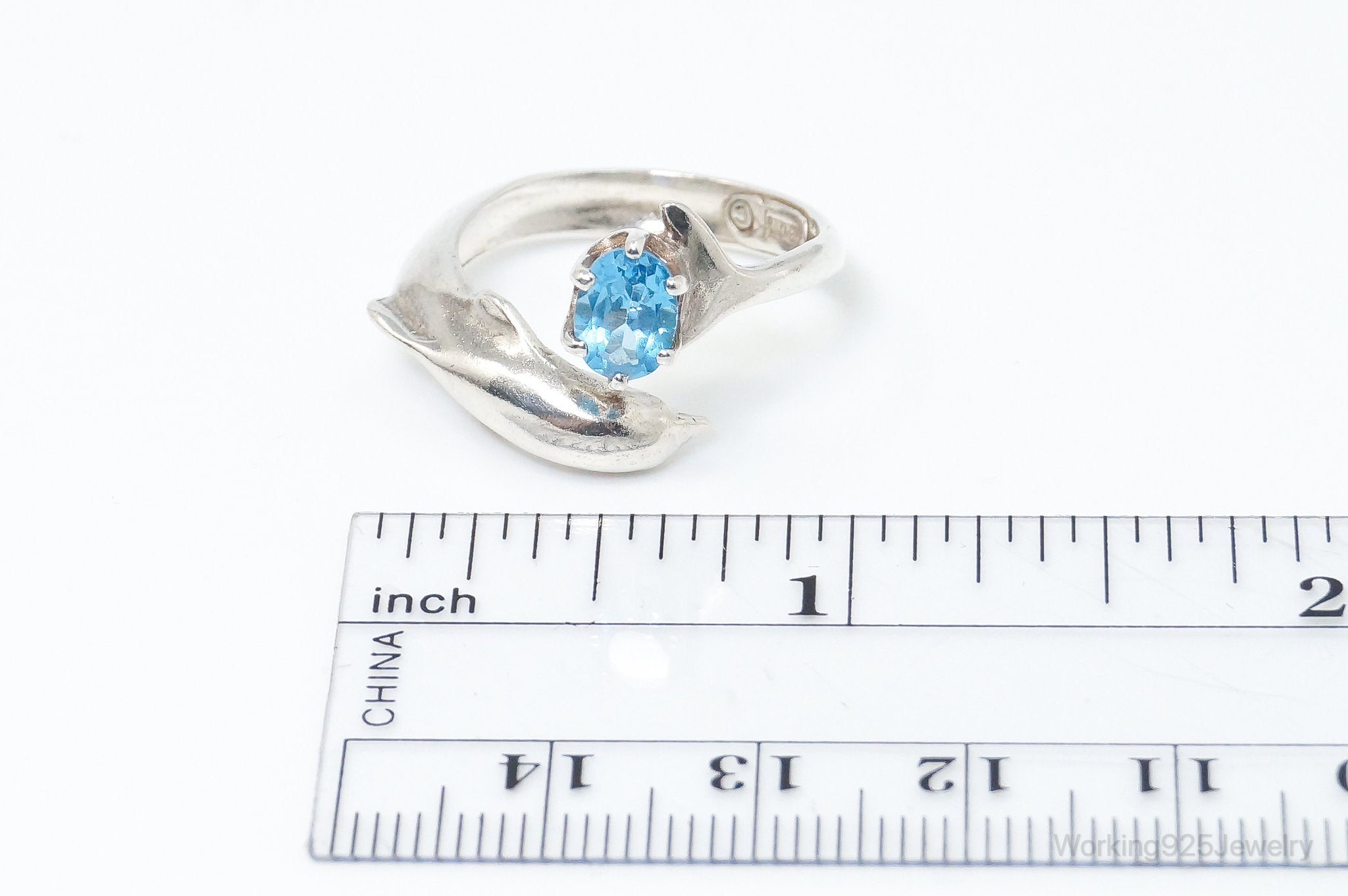 Vintage Blue Topaz Dolphin Sterling Silver Wrap Ring - Size 7.75