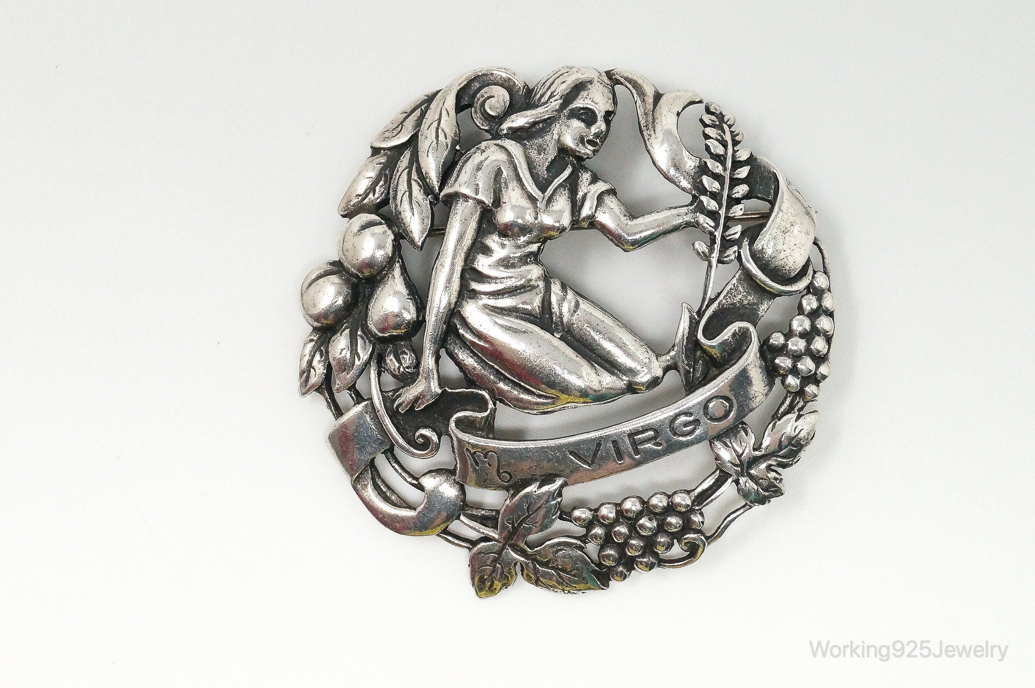 RARE Large Vintage Designer Peruzzi Zodiac VIRGO Sterling Silver Pin Brooch