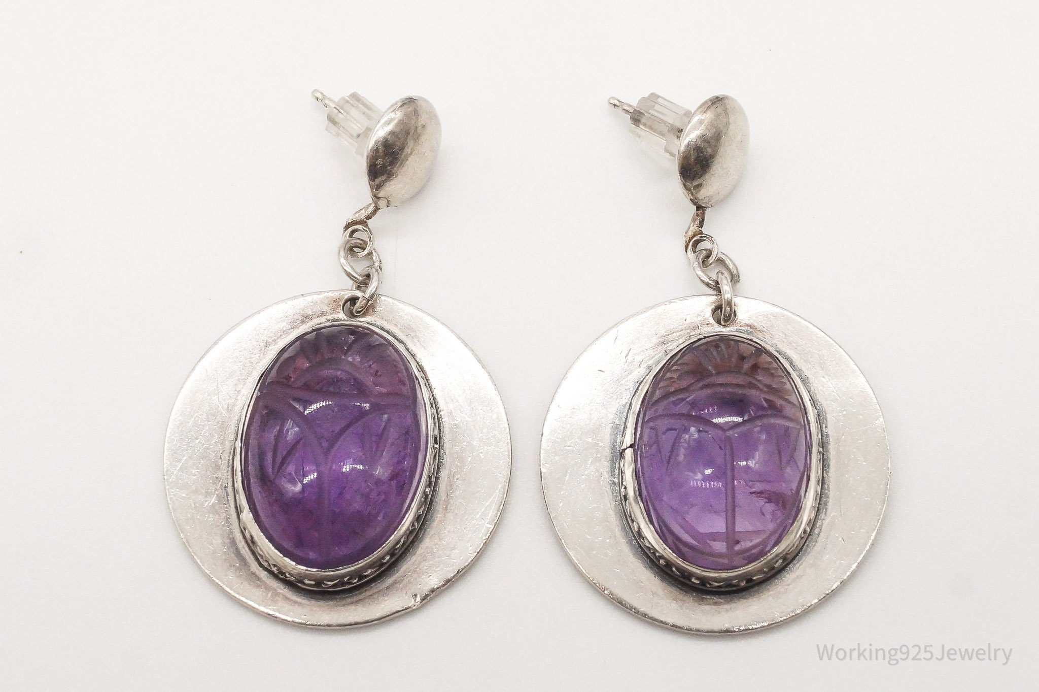 Vintage Large Carved Amethyst Egyptian Scarab Sterling Silver Earrings