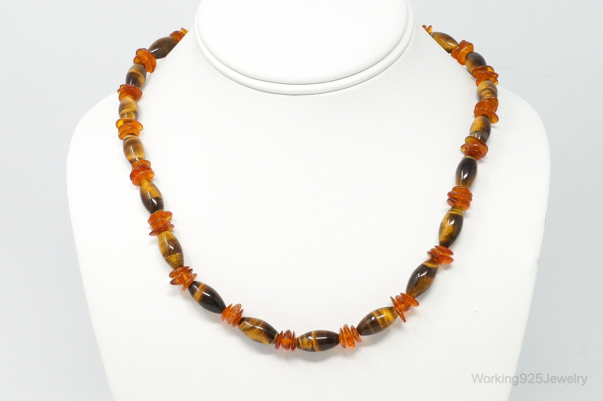 Vintage Designer GSJ Amber Tigers Eye Beads Sterling Silver Necklace