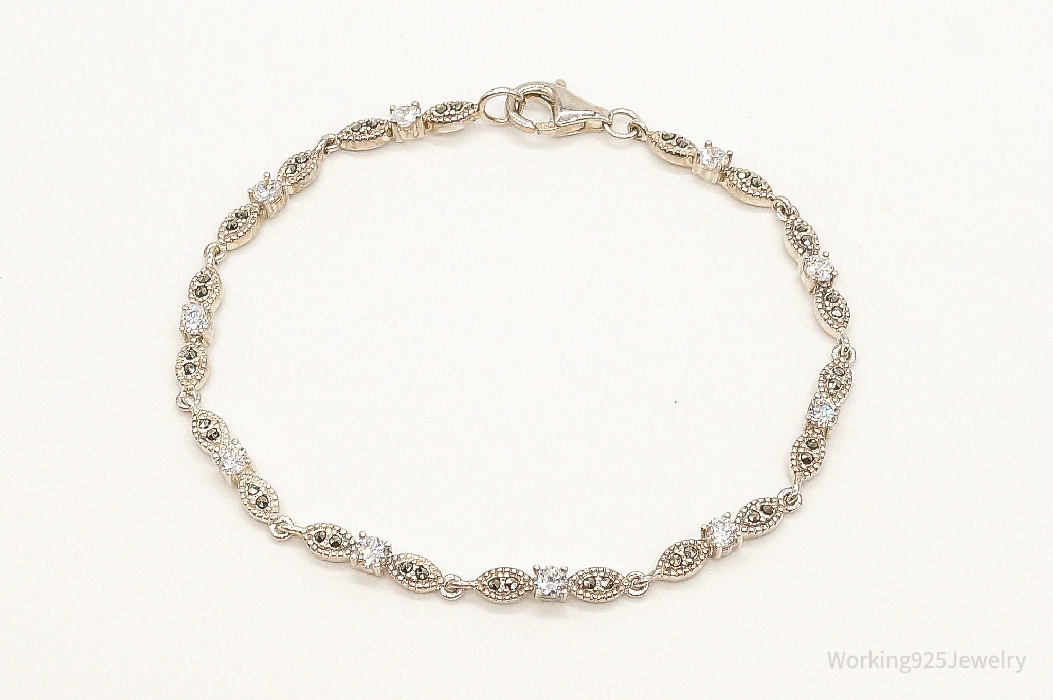 Designer Cubic Zirconia Marcasite Sterling Silver Bracelet