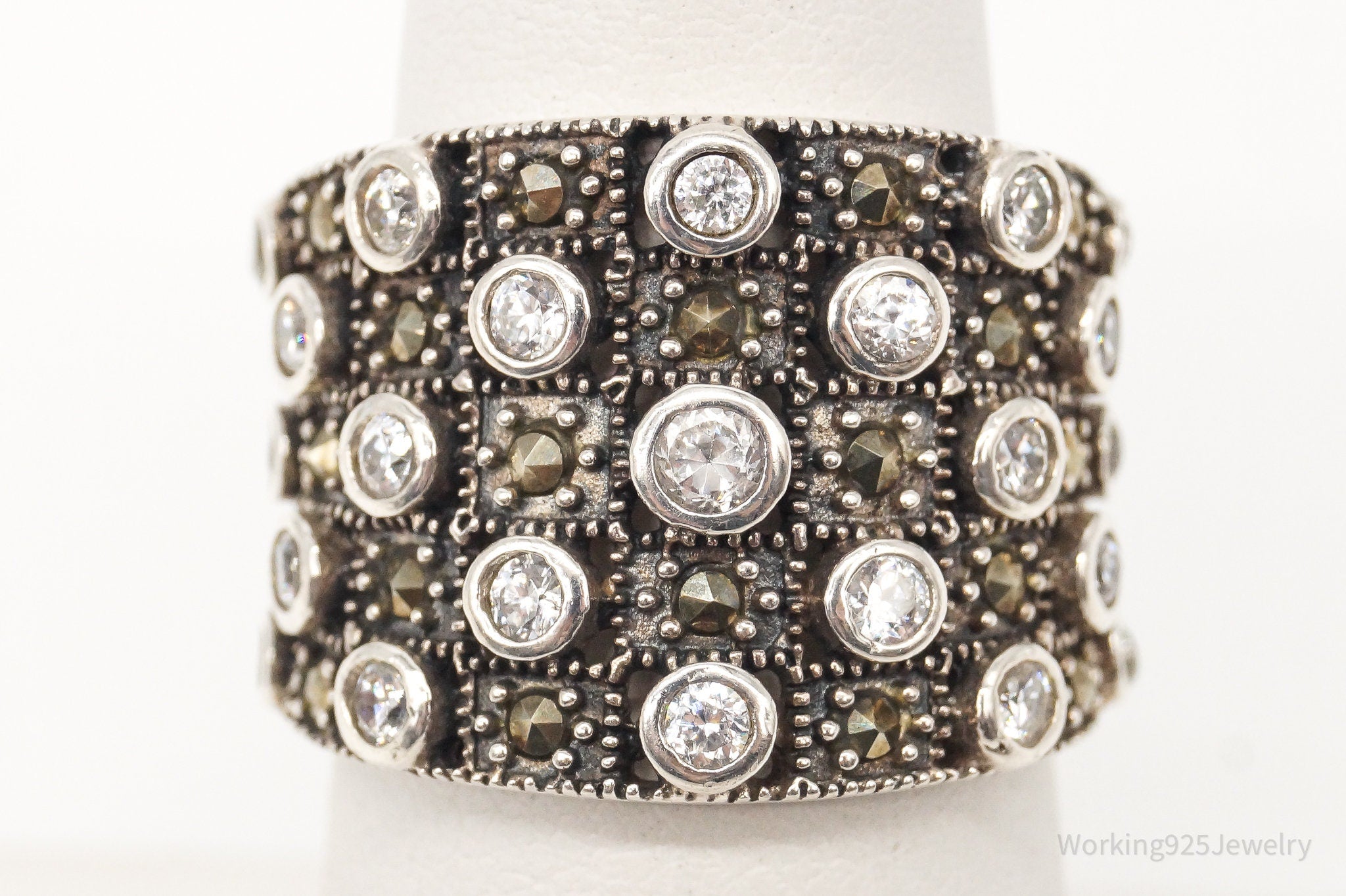 Vintage Cubic Zirconia Marcasite Sterling Silver Ring - Size 6.75