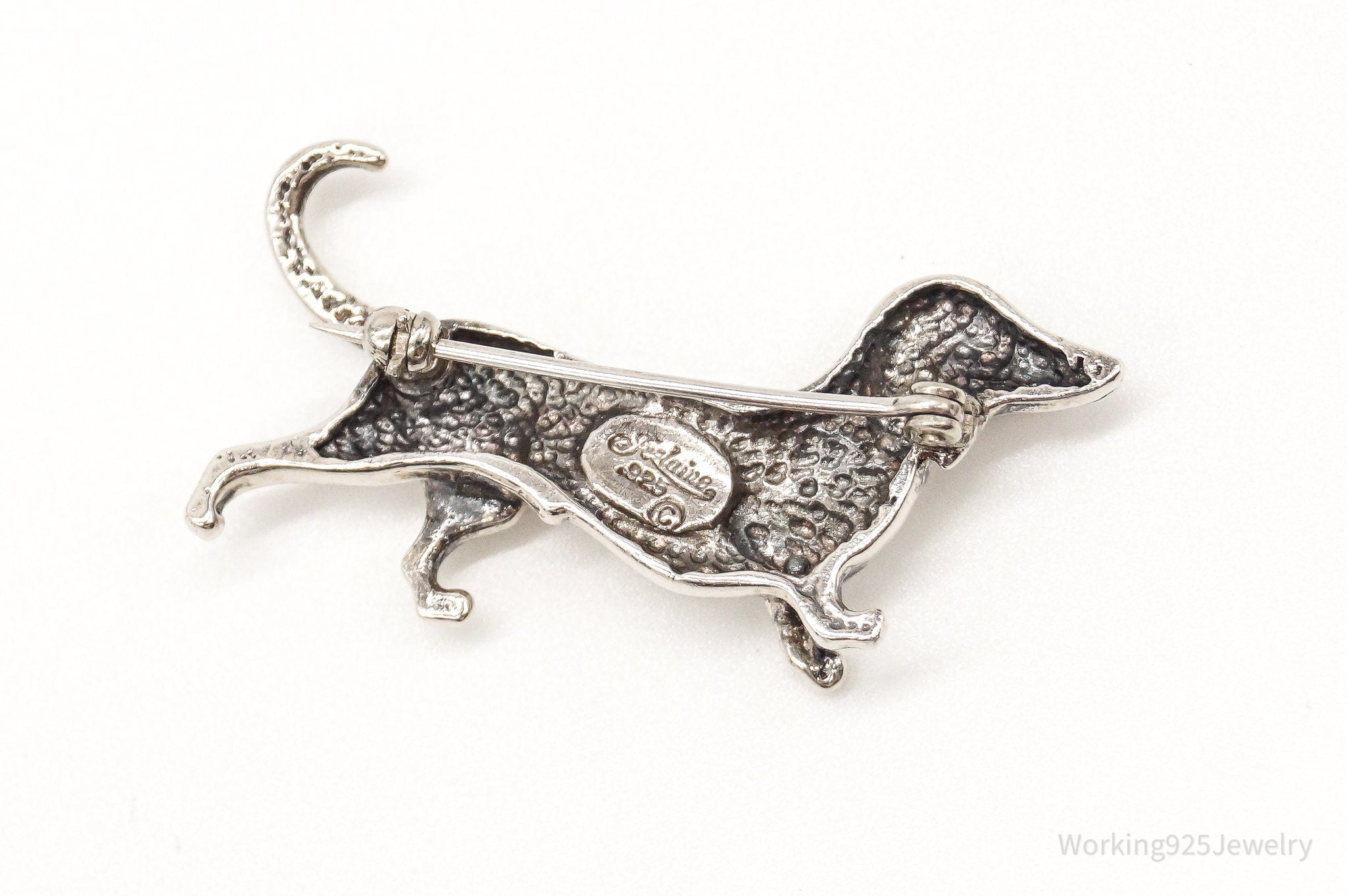 Vintage Designer Jerlaine Dachshund Weiner Dog Sterling Silver Brooch Pin