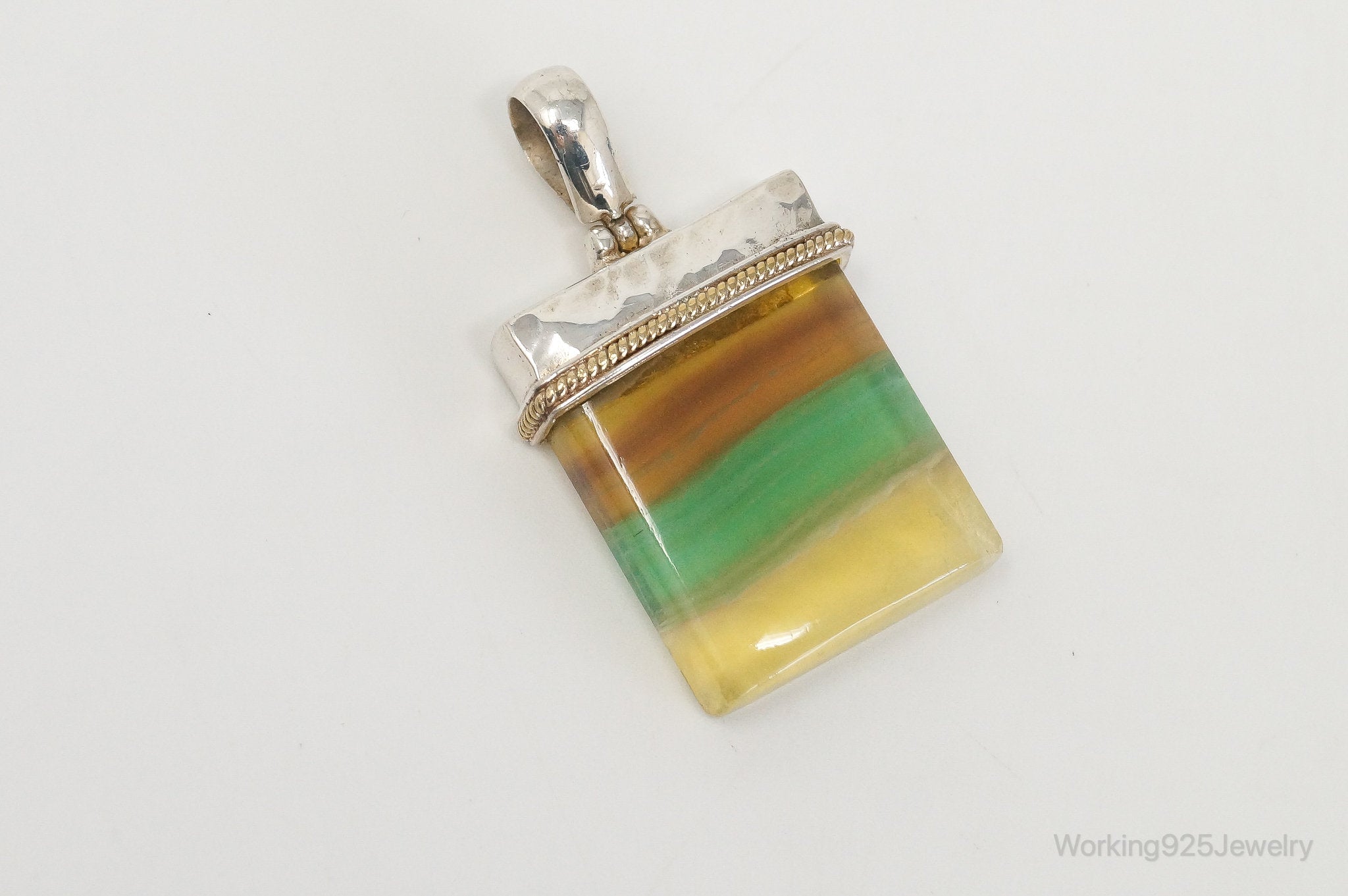 Large Green Yellow Brown Gemstone Gold Vermeil Sterling Silver Pendant