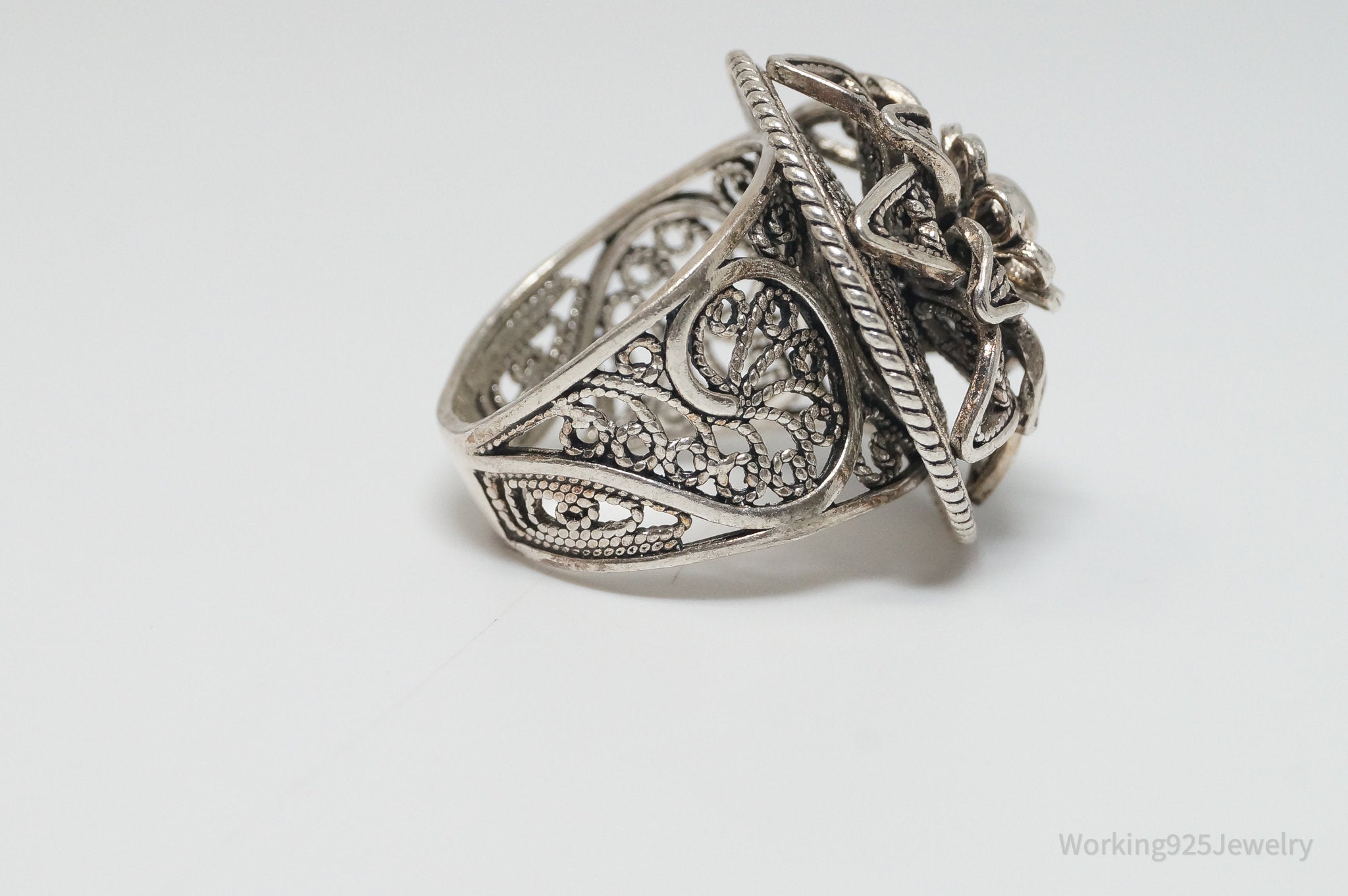 Vintage Designer DGS Flower Filigree Sterling Silver Ring - Size 7