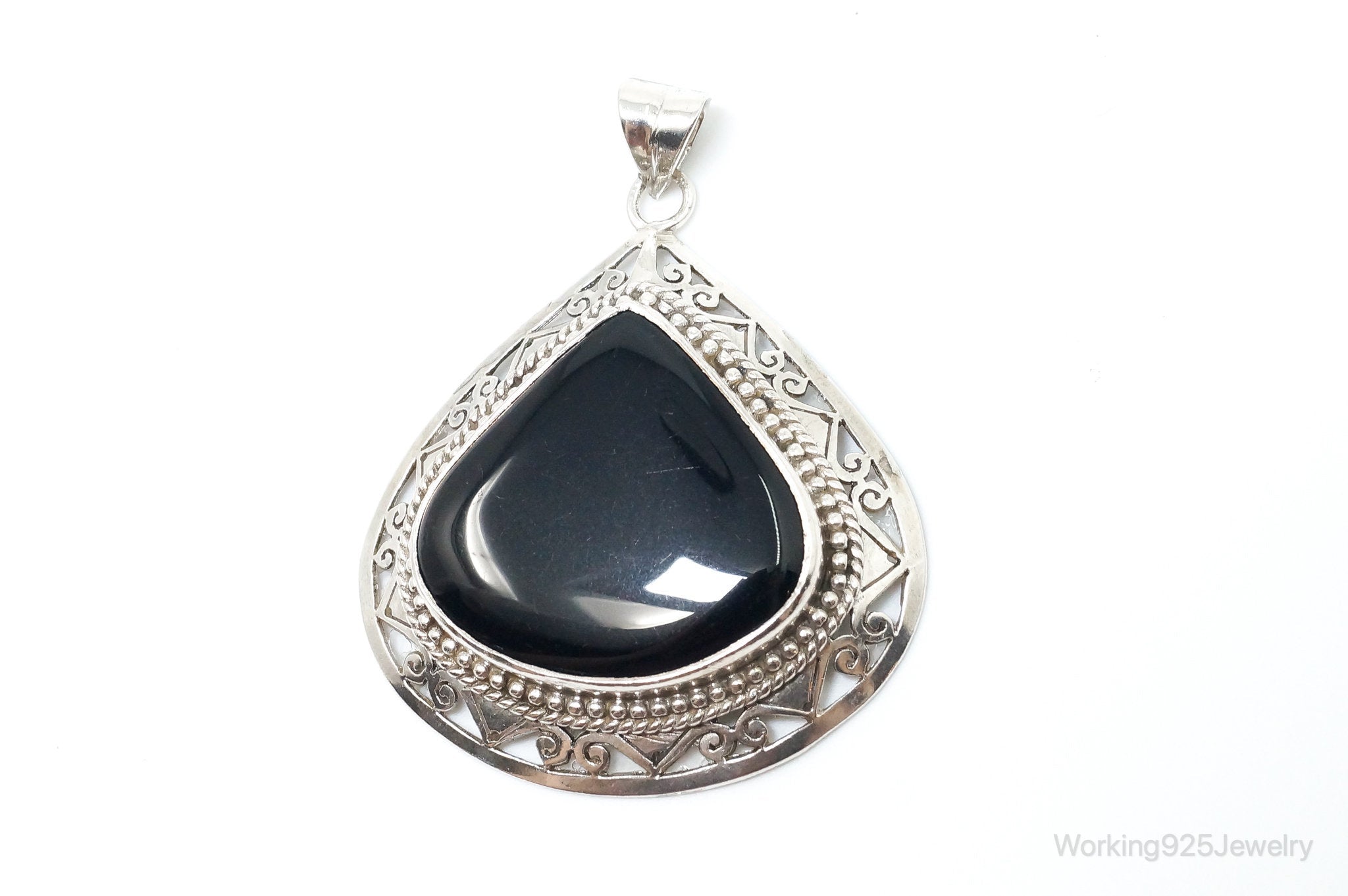 Large Vintage Black Onyx Bali Style Sterling Silver Necklace Pendant