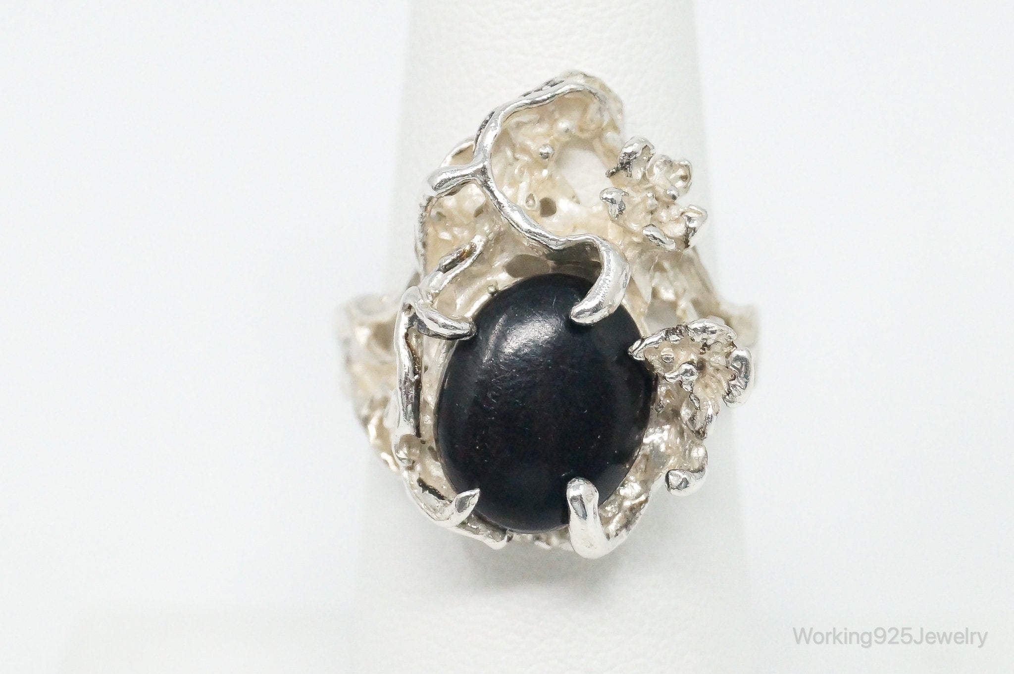 Vintage Brutalist Designer Black Onyx Sterling Silver Ring - Size 7