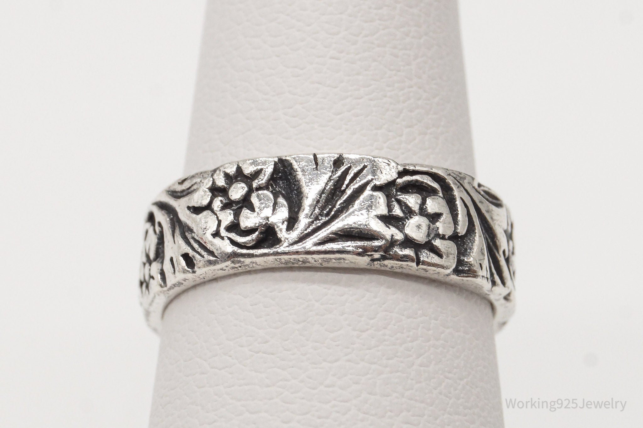 Vintage Art Nouveau Floral Sterling Silver Band Ring Size 5.25