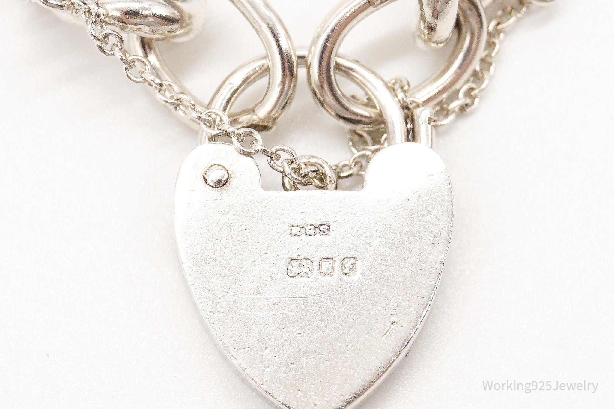 Antique Heart Pad Lock Charm Lover Sterling Silver Chainlink Bracelet