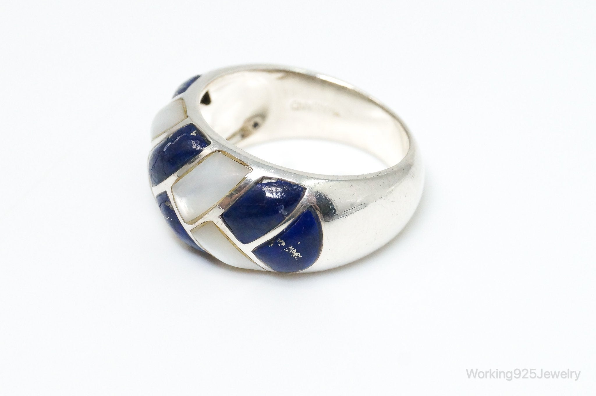 Vintage Designer S & G Lapis Lazuli Mother Of Pearl Sterling Silver Ring SZ 6