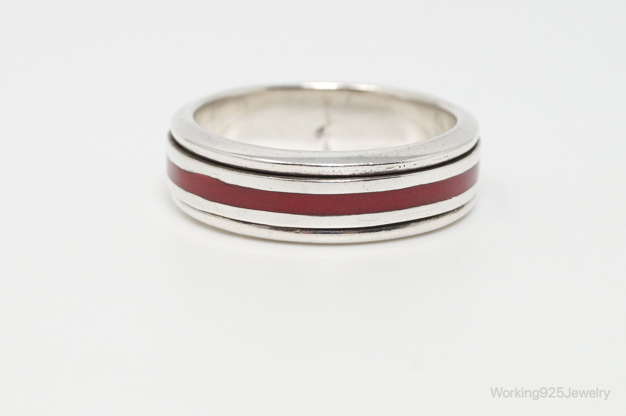 Vintage Red Enamel Modern Sterling Silver Band Spinner Ring - Sz 13.5