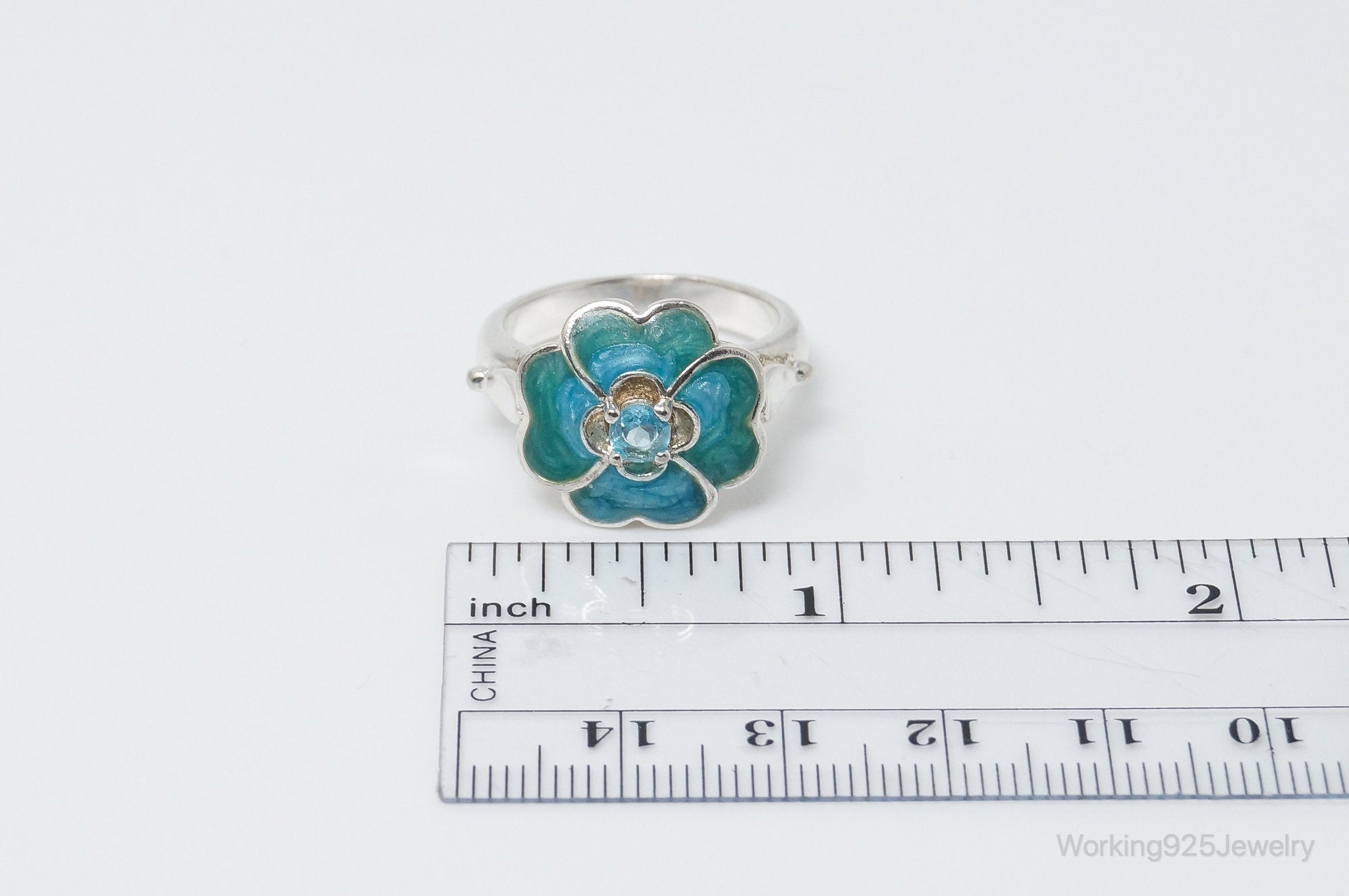 Vintage Blue CZ Blue Enamel Flower Southwestern Sterling Silver Ring - Size 8