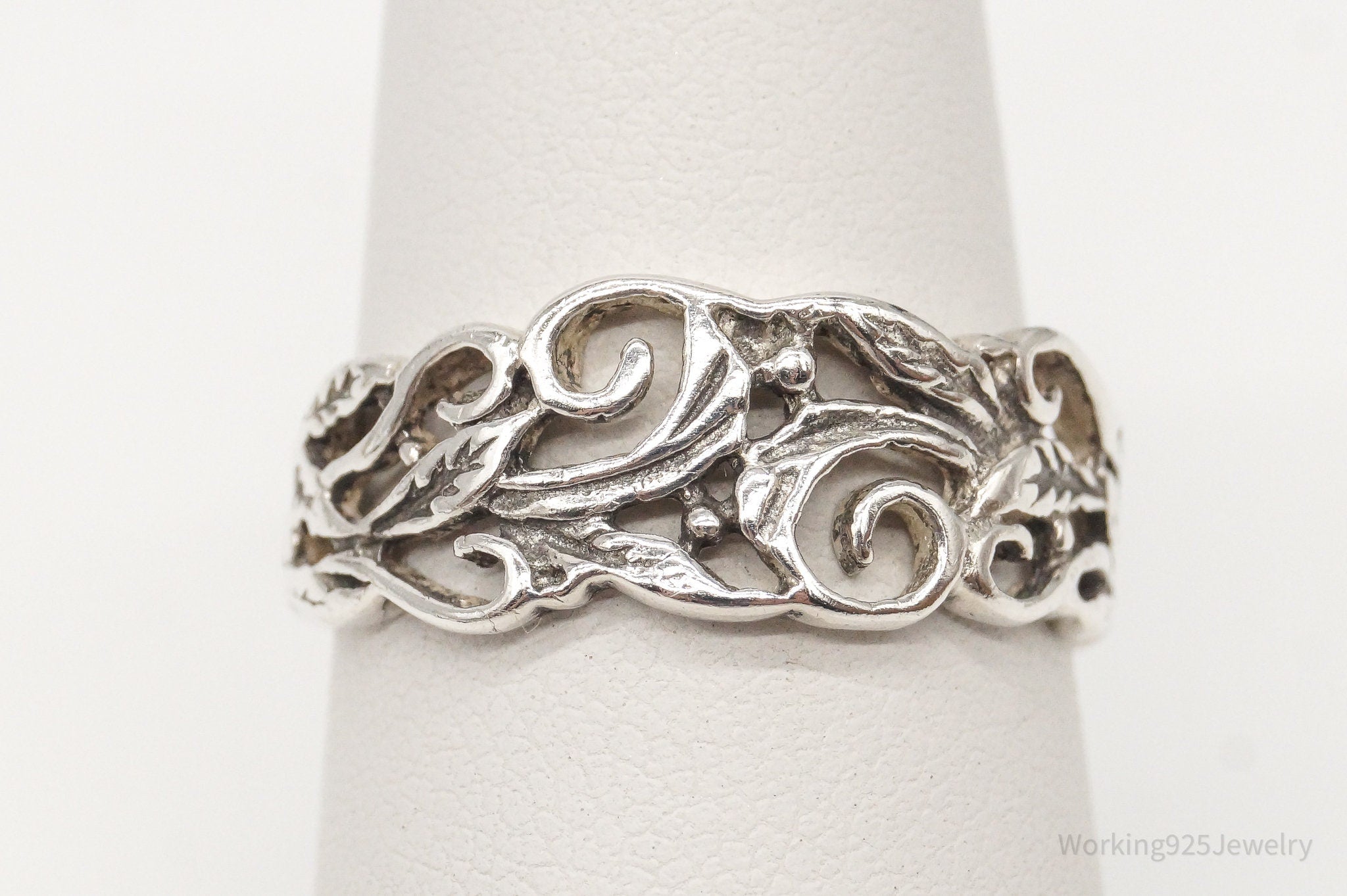 Vintage Flower Band Sterling Silver Ring Size 7.25