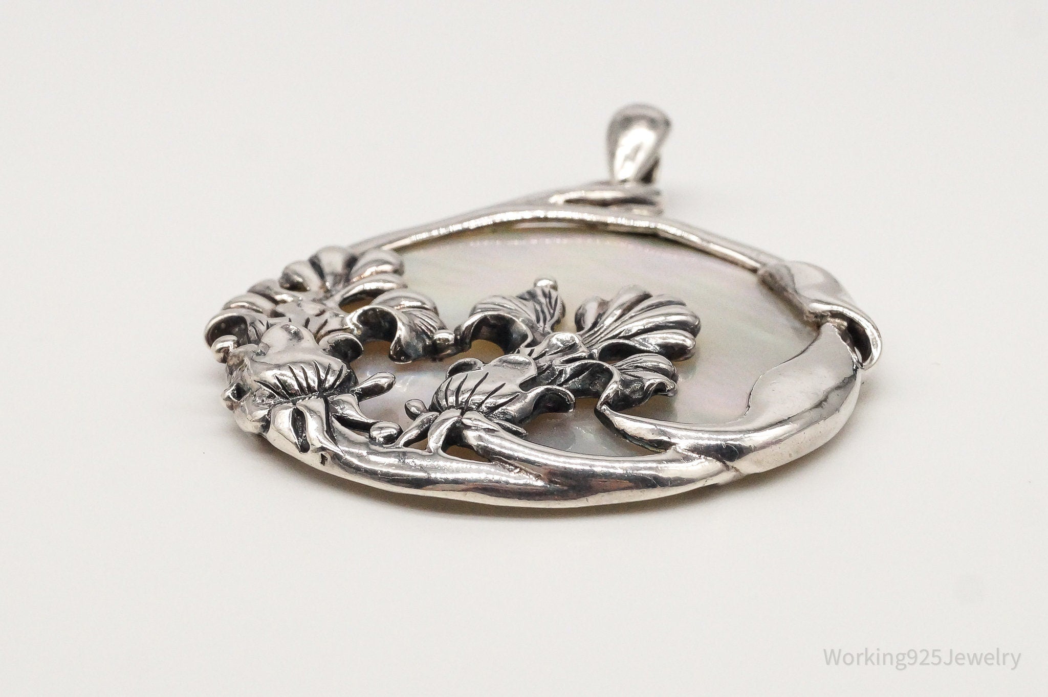 Large Vintage Mother Of Pearl Floral Sterling Silver Pendant