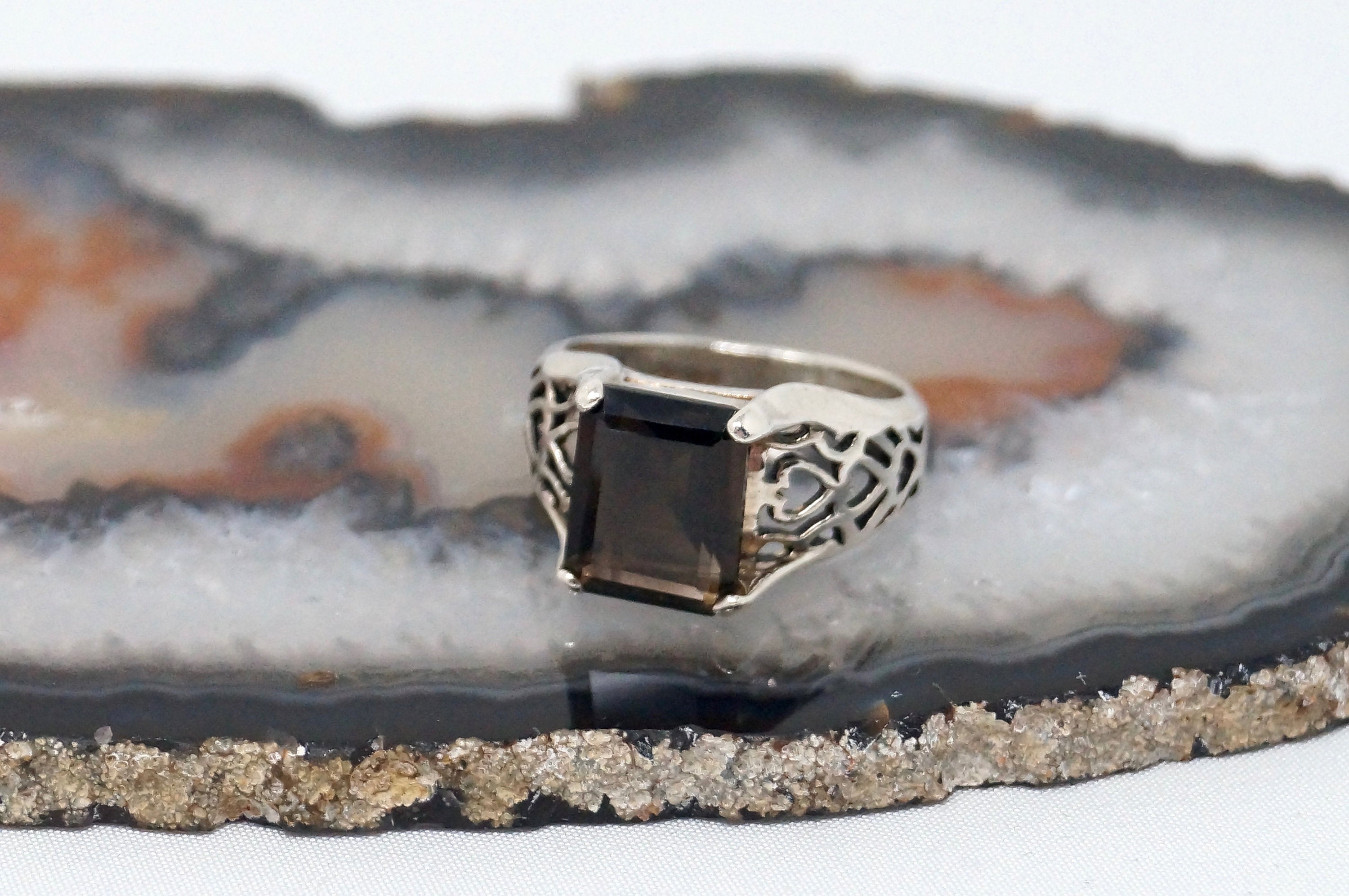 Vintage Art Deco Style Smoky Topaz Gemstone Sterling Silver Ring - Size 5