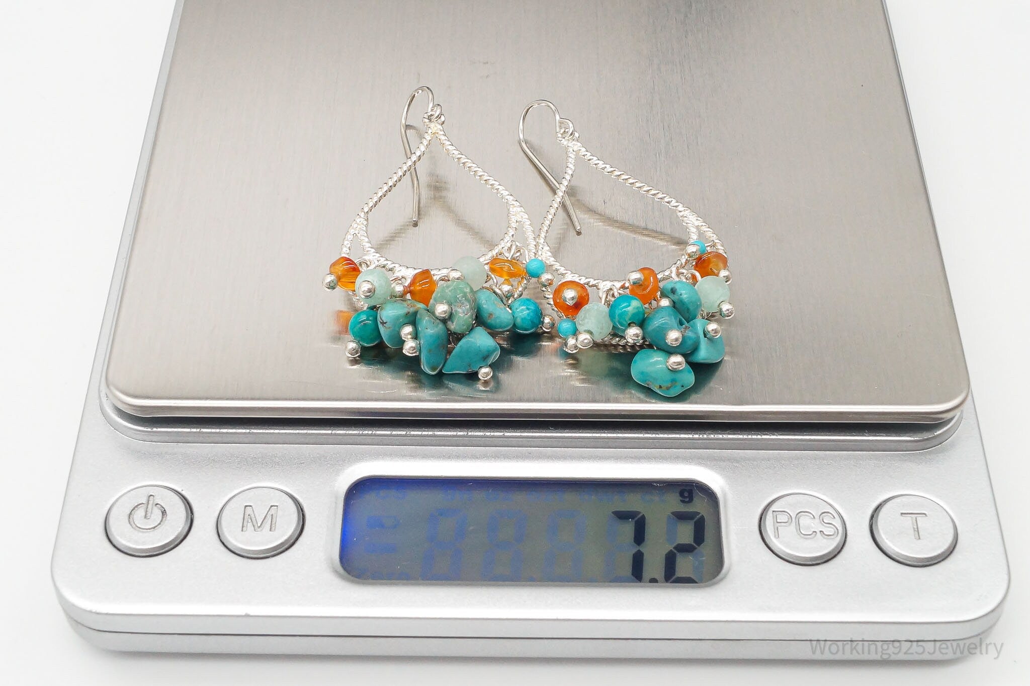 Vintage Carnelian Turquoise Chalcedony Beads Sterling Silver Earrings