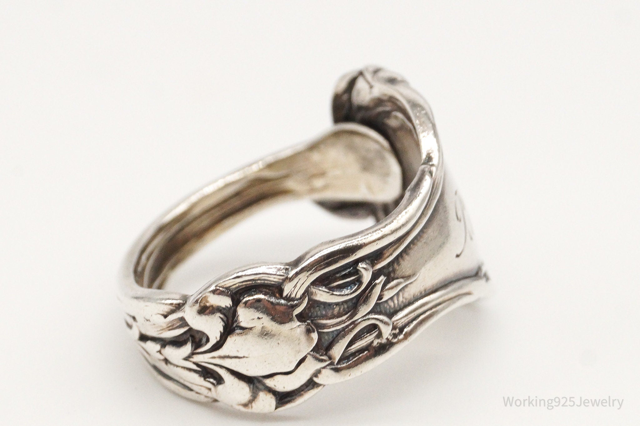 Antique B initial Art Nouveau Silver Spoon Ring Adjustable Size 9.5