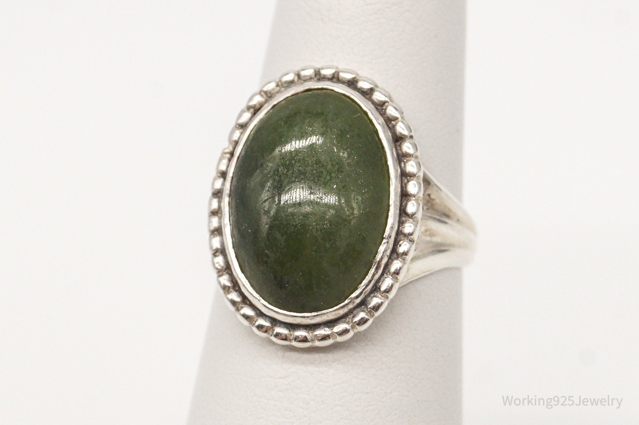 Rare Antique RE Babcock Nephrite Jade Sterling Silver Ring - Size 3.5