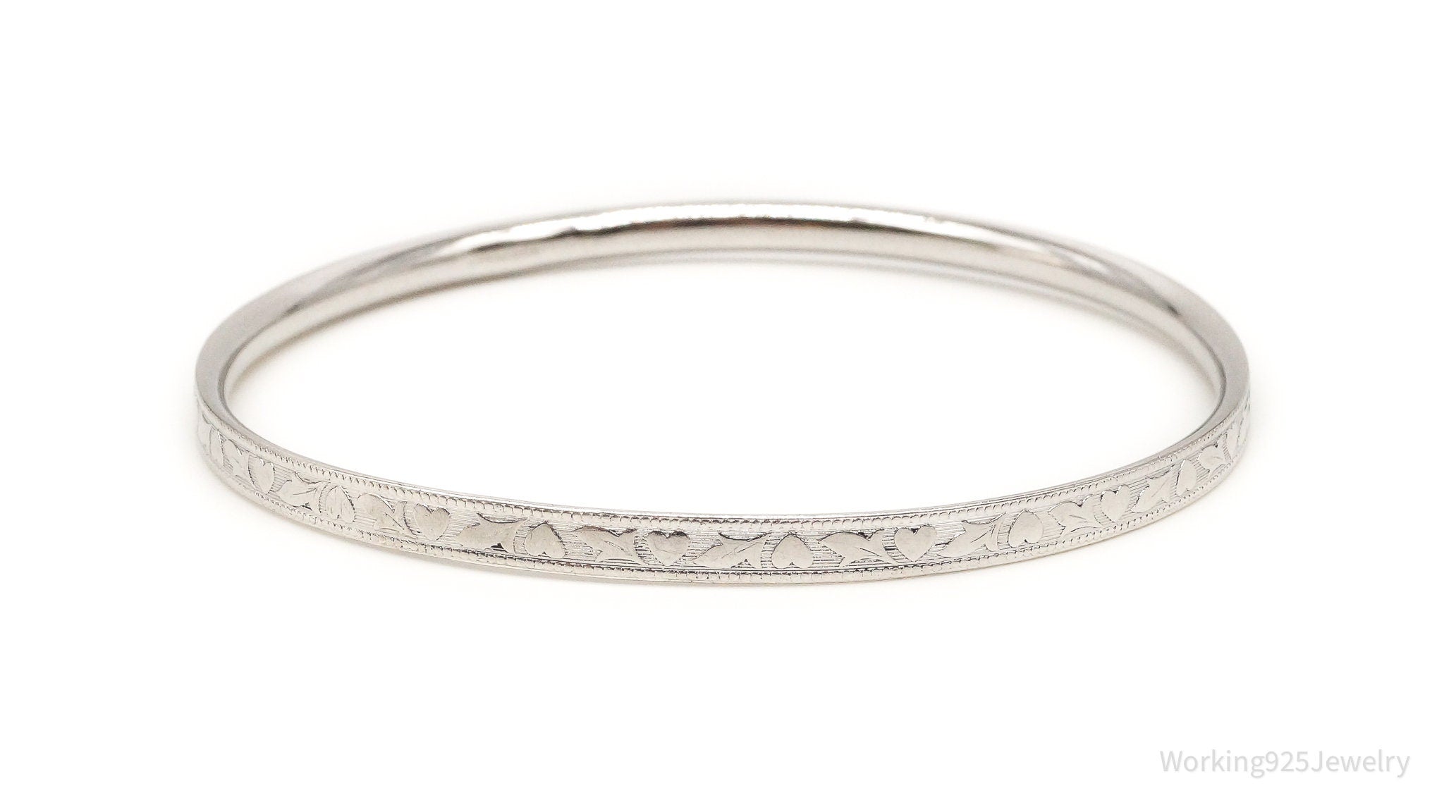 Antique B.A.B Sterling Silver Heart Floral Bangle Bracelet