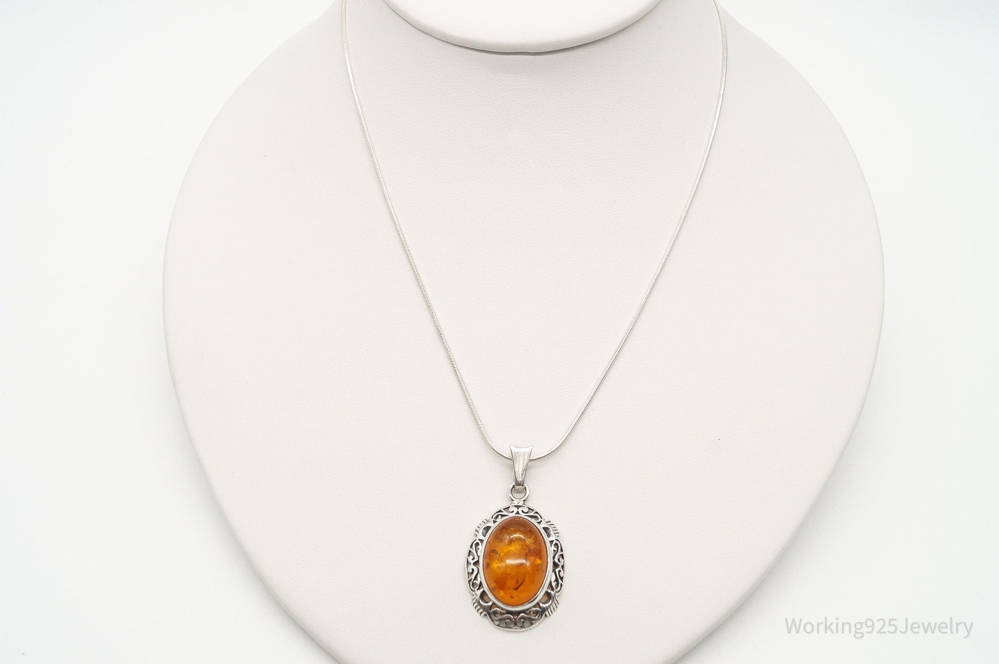 Vintage Large Amber Sterling Silver Adjustable Chain Necklace