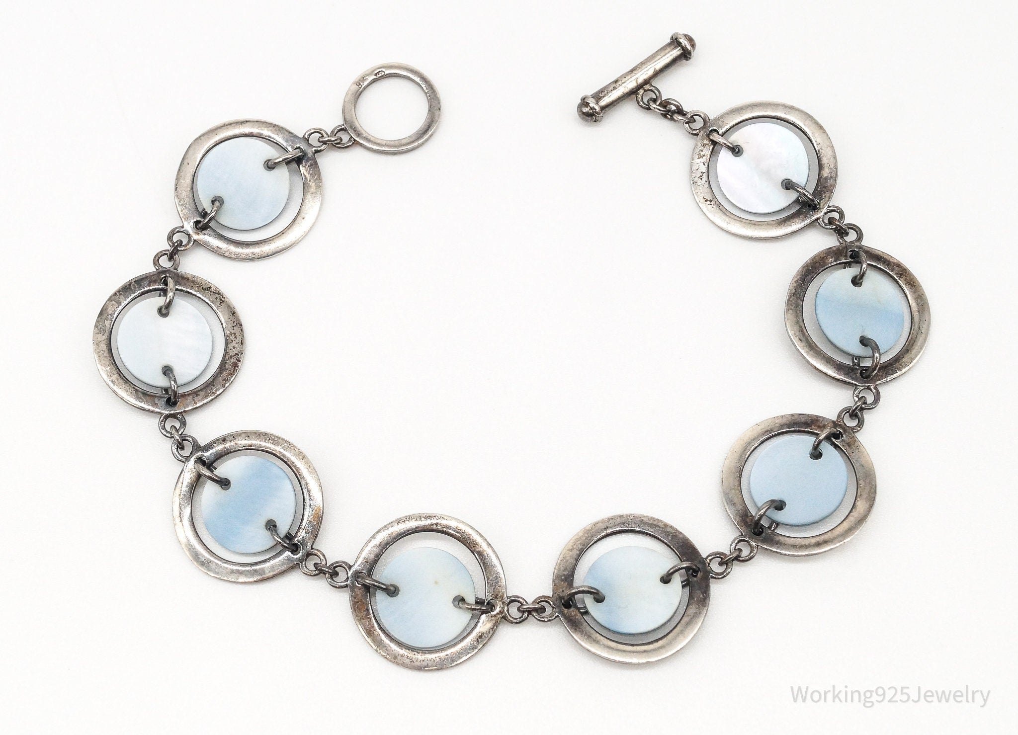 Vintage Blue Mother Of Pearl Sterling Silver Toggle Bracelet