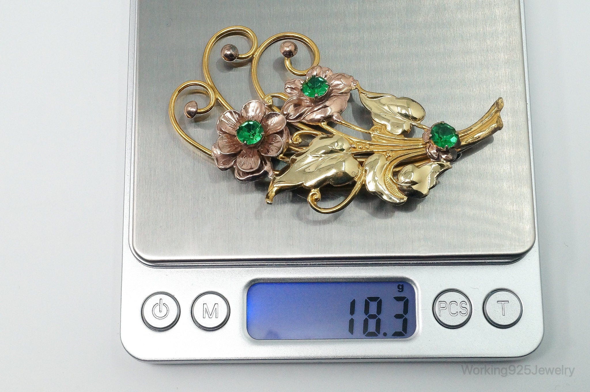 Large Vintage Green Rhinestone Flowers 12K Gold Filled Sterling Silver Brooch