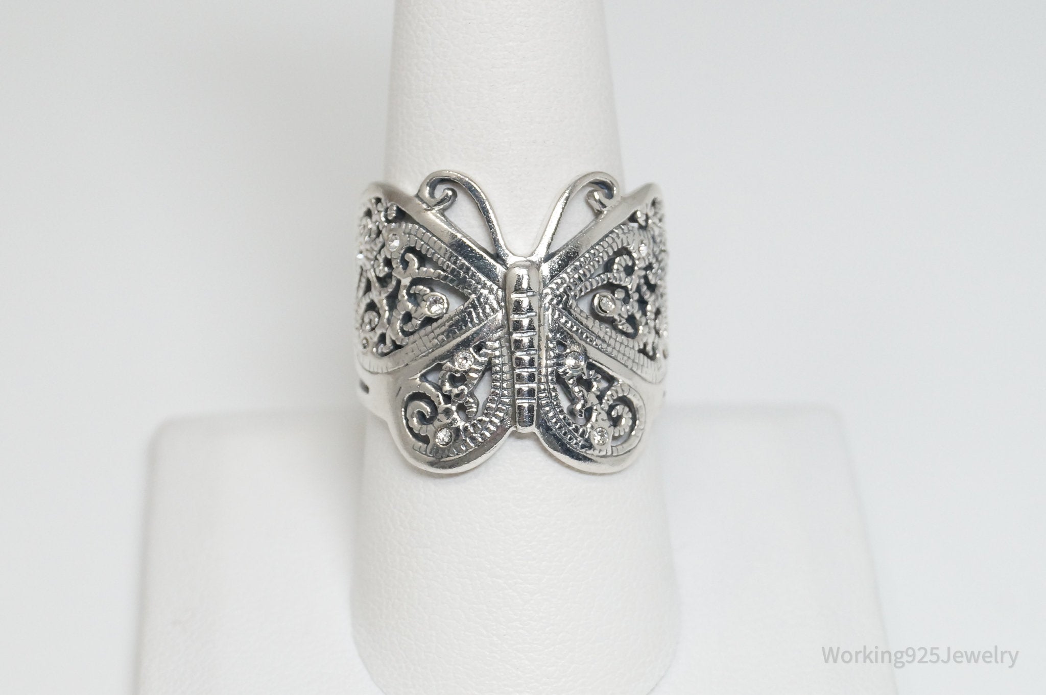 Vintage Butterfly Scroll Sterling Silver Ring - Size 9