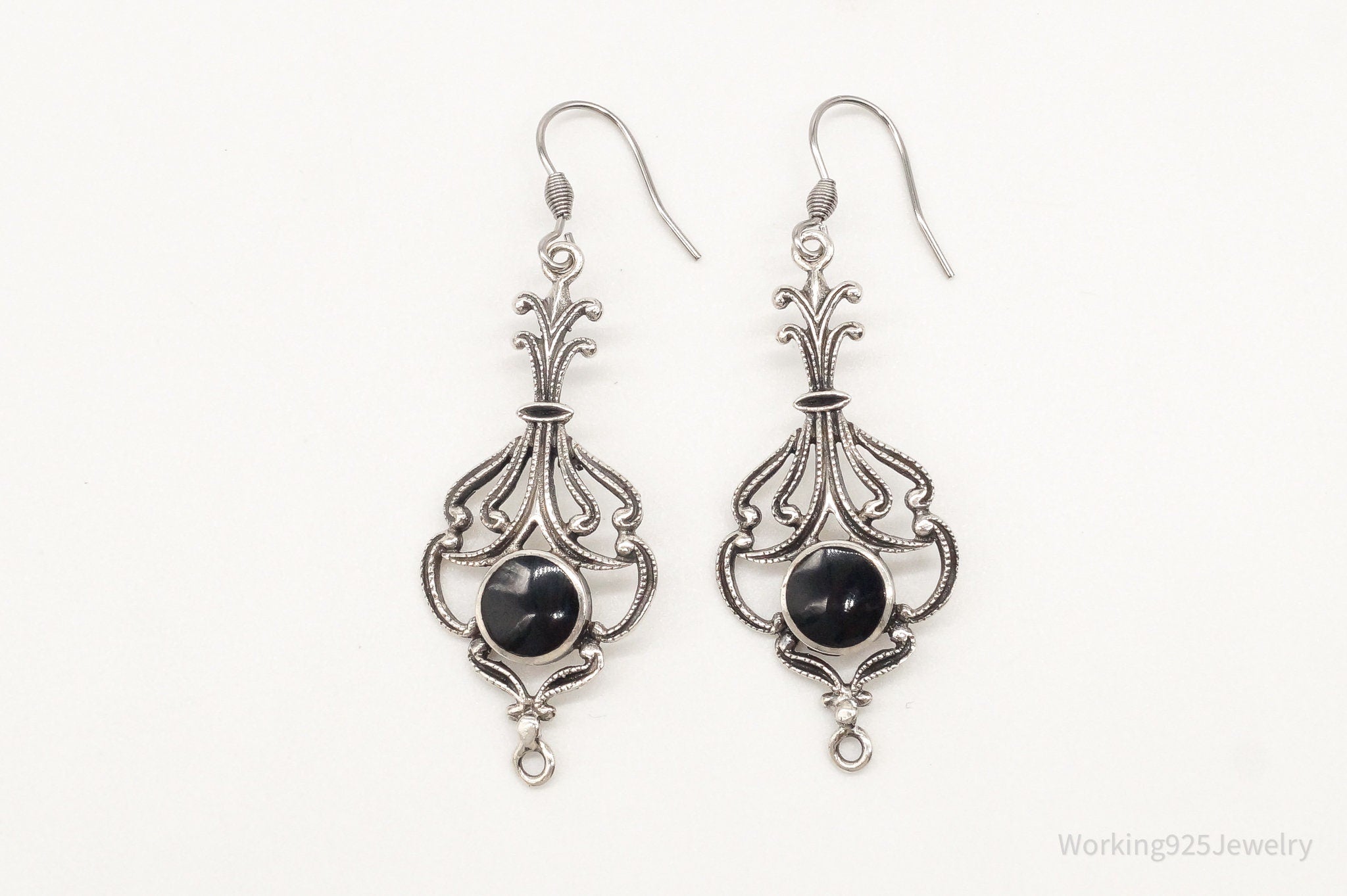 Vintage Black Onyx Openwork Sterling Silver Earrings