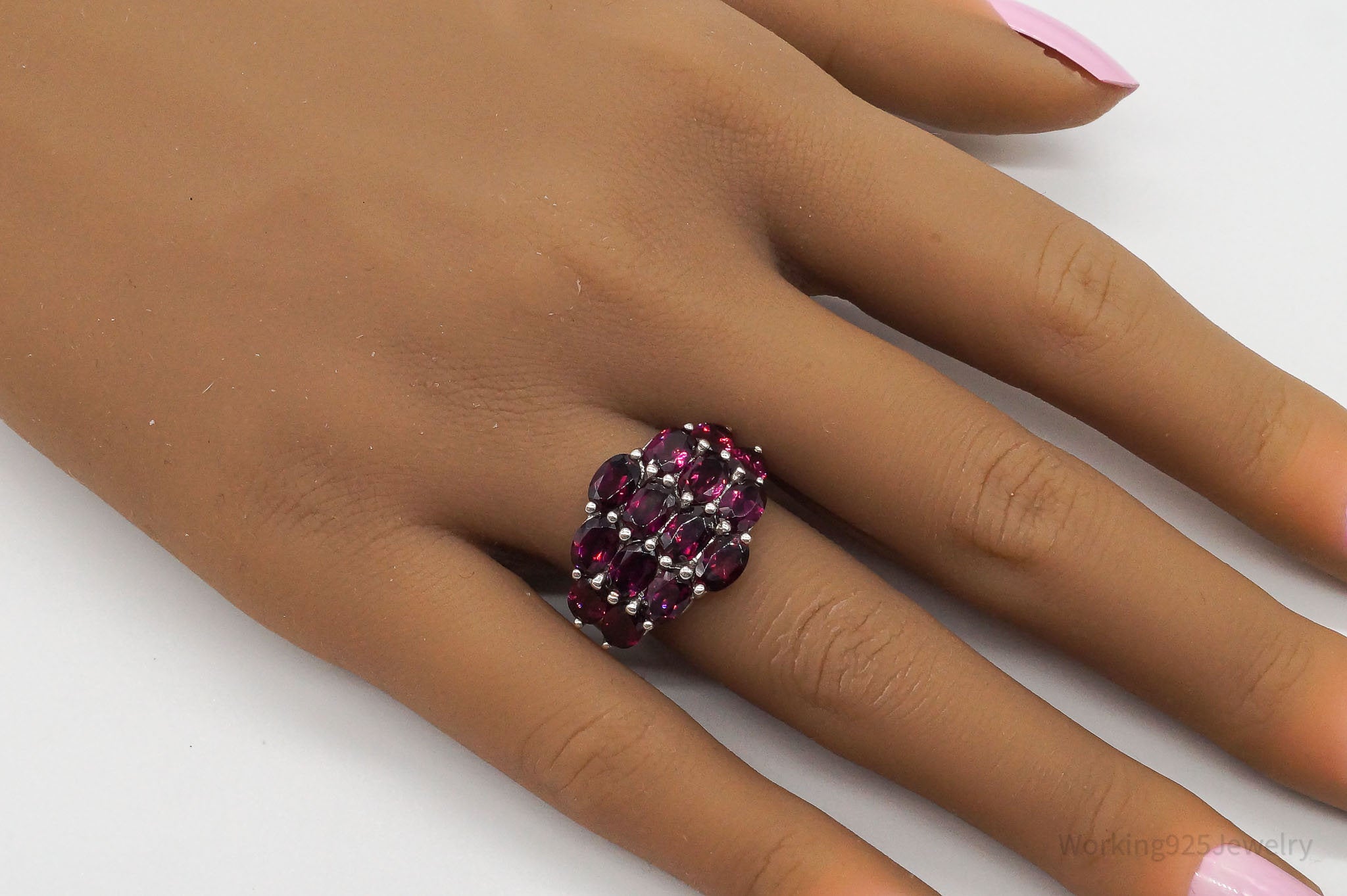 Designer TJ Rhodolite Garnet Rhodium Over Sterling Silver Ring - Size 6.75