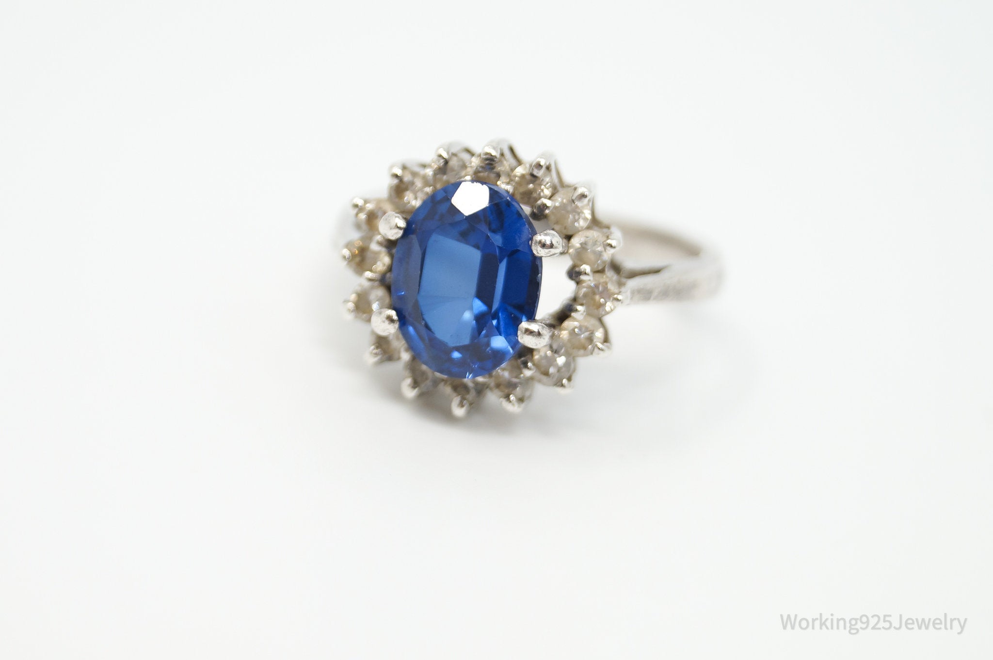 Vintage Art Deco Style Blue Glass CZ Sterling Silver Ring - Size 6