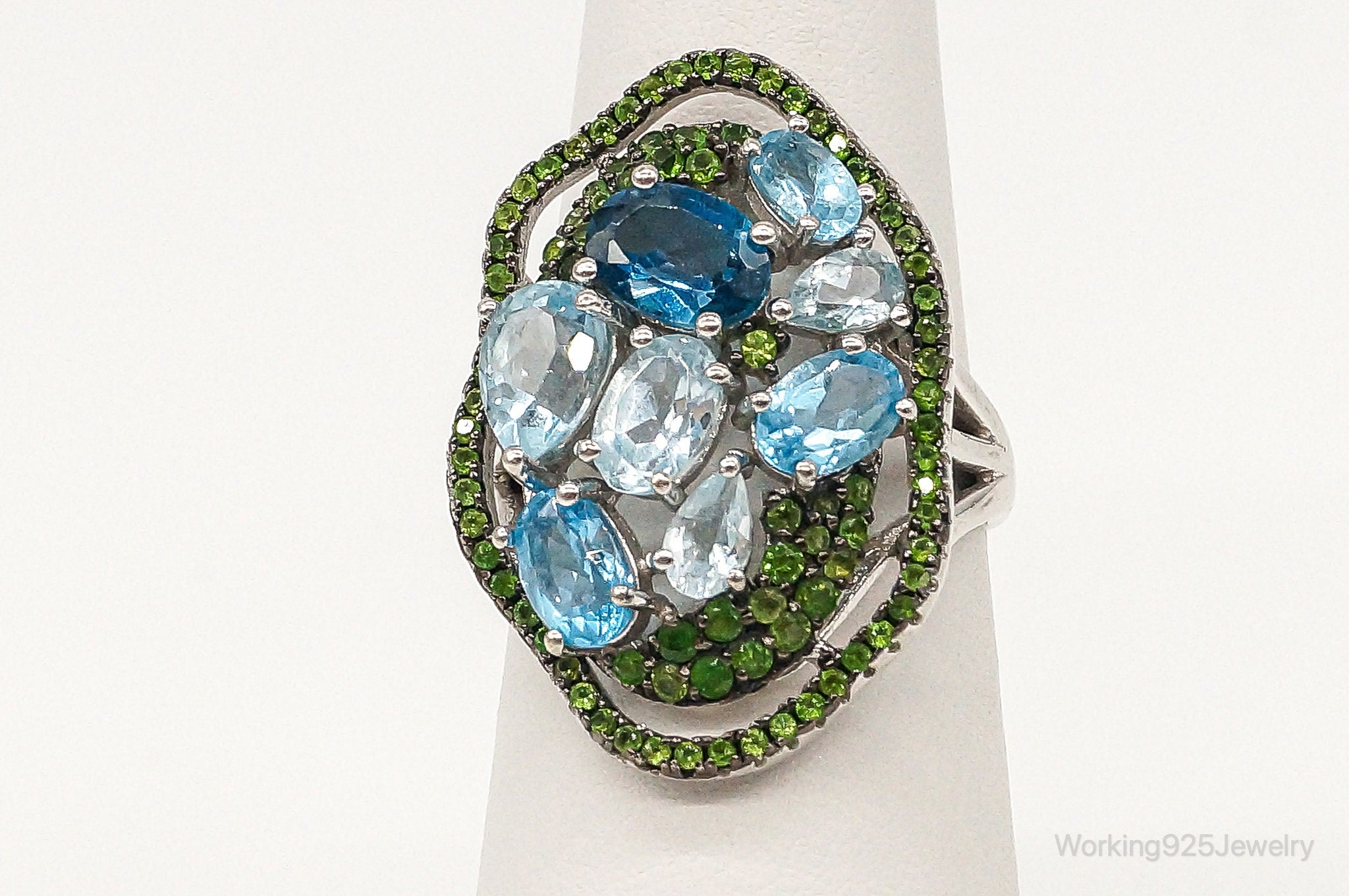 Designer PJM Blue Topaz Aquamarine Peridot Sterling Silver Ring - Size 6.25