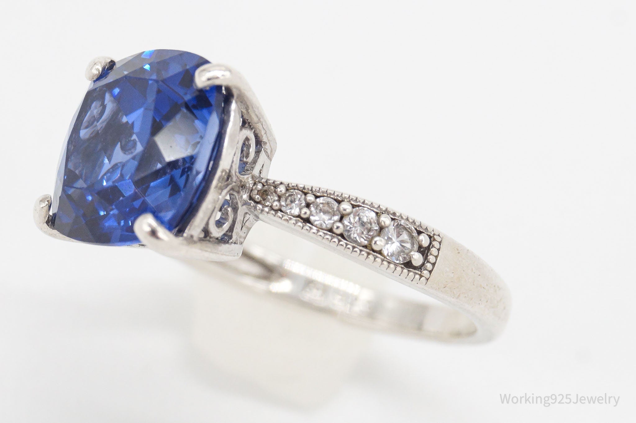 Vintage Blue & White Sapphire Sterling Silver Ring - Size 6.75