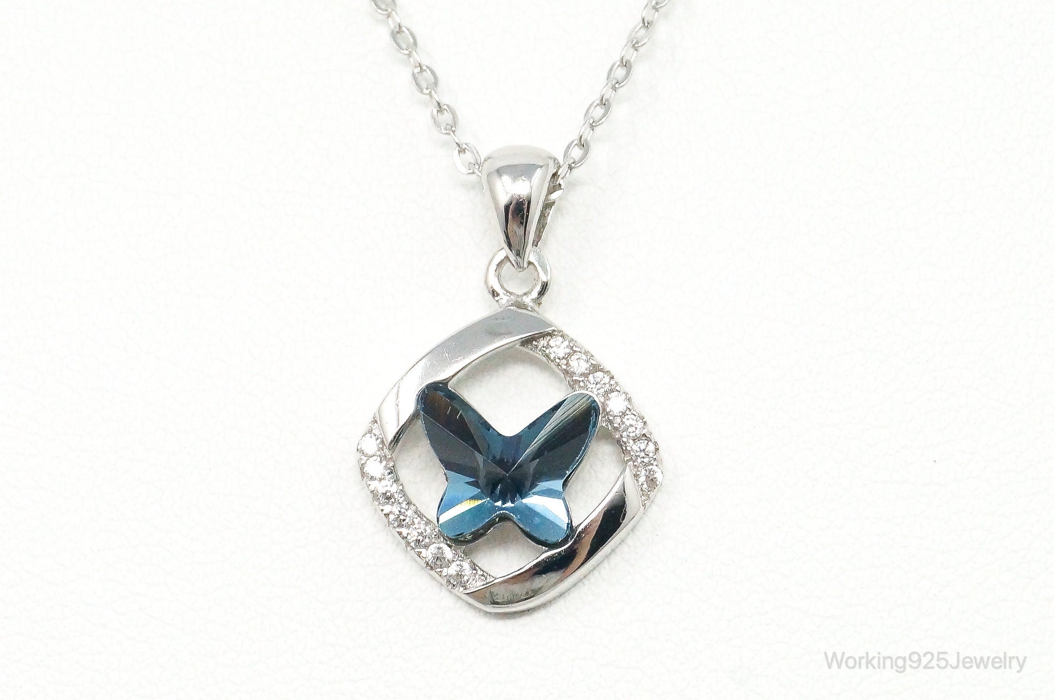 Blue Crystal Cubic Zirconia Butterfly Sterling Silver Necklace