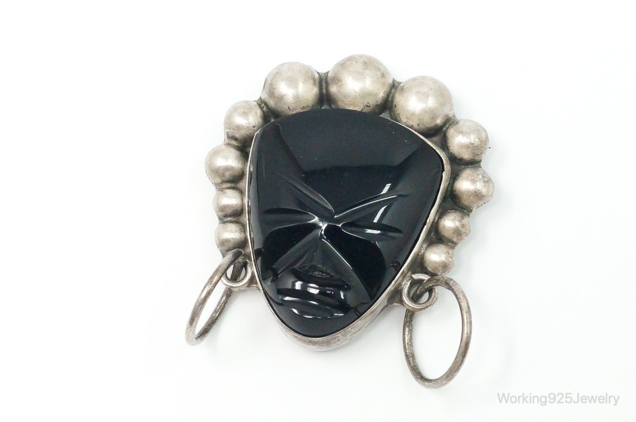 Large VTG Mexico Vaughn’s Black Onyx Tribal Mask Sterling Silver Brooch Pin