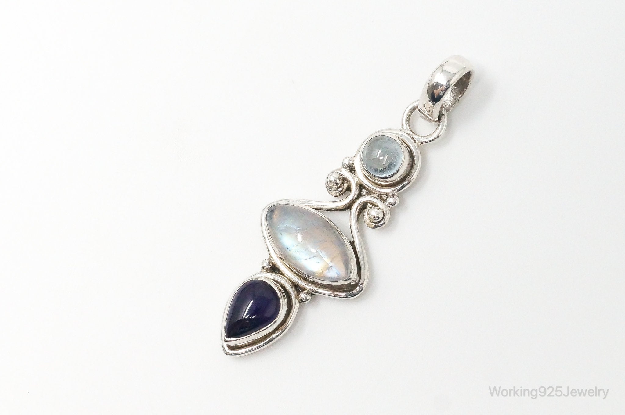 Vintage Blue Topaz Amethyst Moonstone Sterling Necklace Pendant