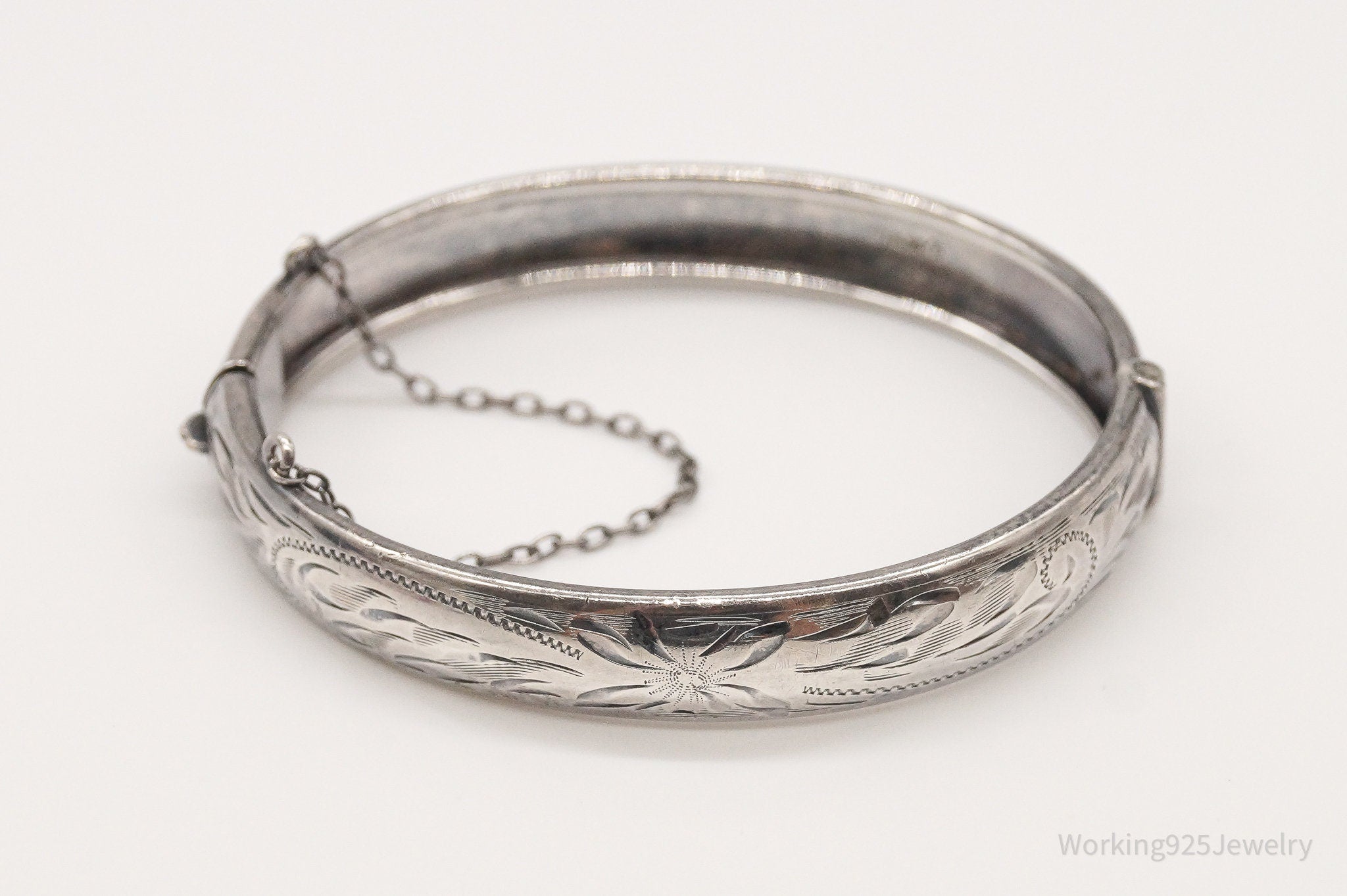 Antique Floral Etched Sterling Silver Bracelet