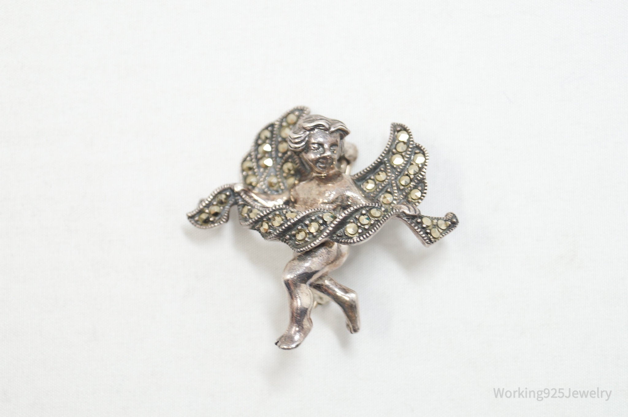 Vintage Designer Judith Jack Marcasite Angel Cherub Sterling Silver Brooch Pin