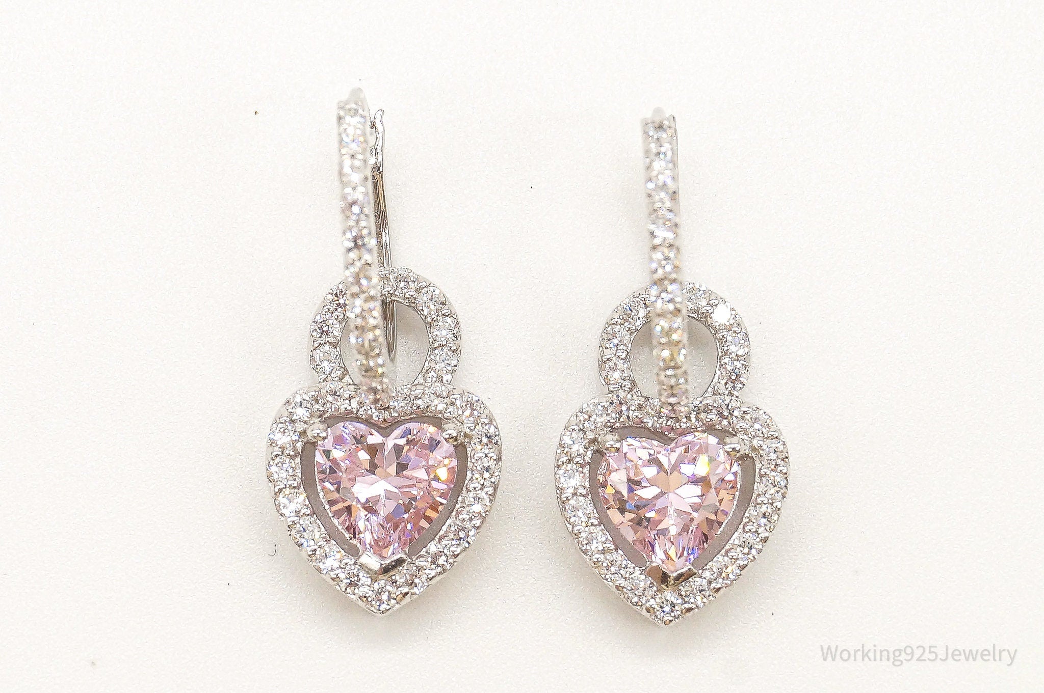 Pink & White Cubic Zirconia Hearts Sterling Silver Earrings